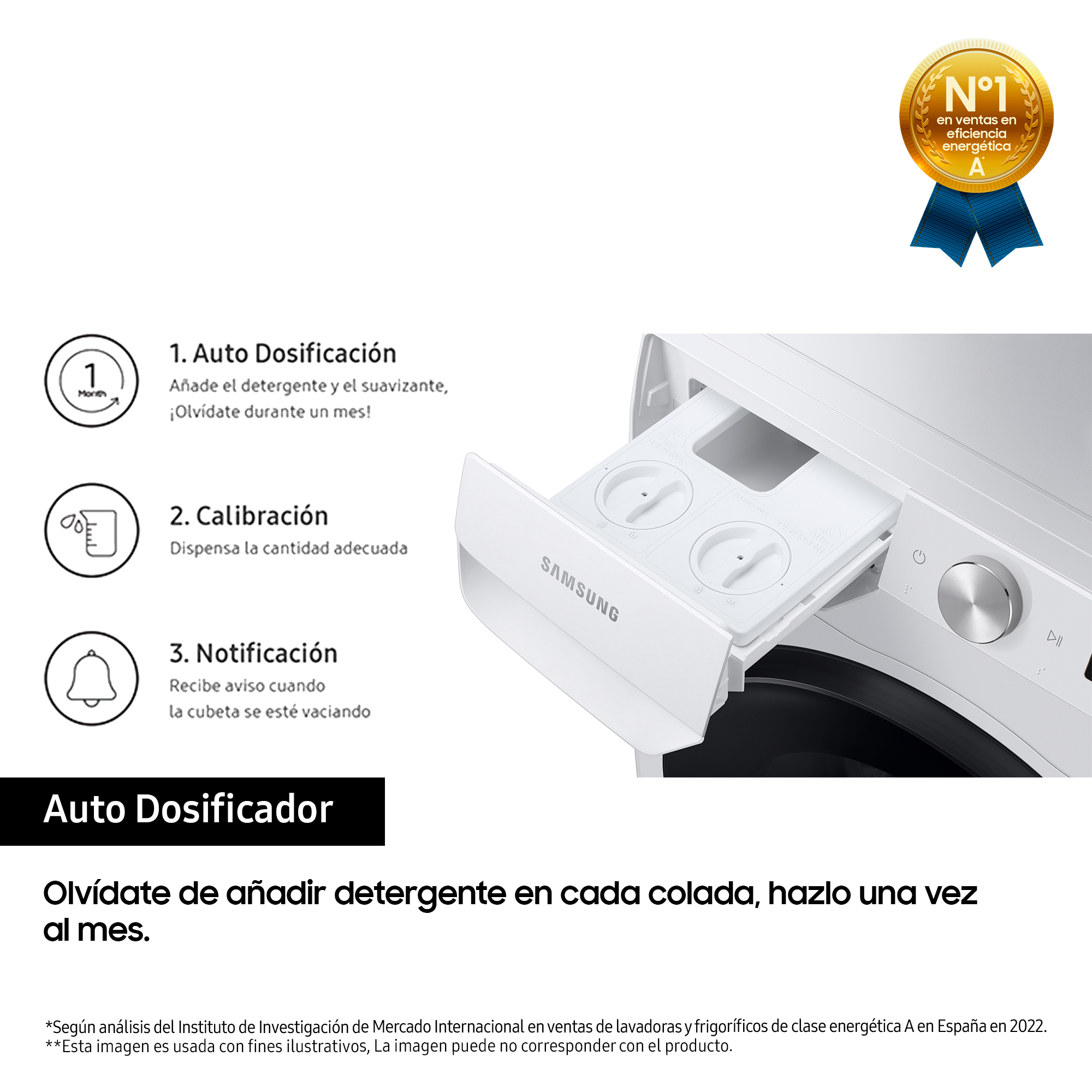 Un electrodoméstico blanco con dispensador y texto en español.