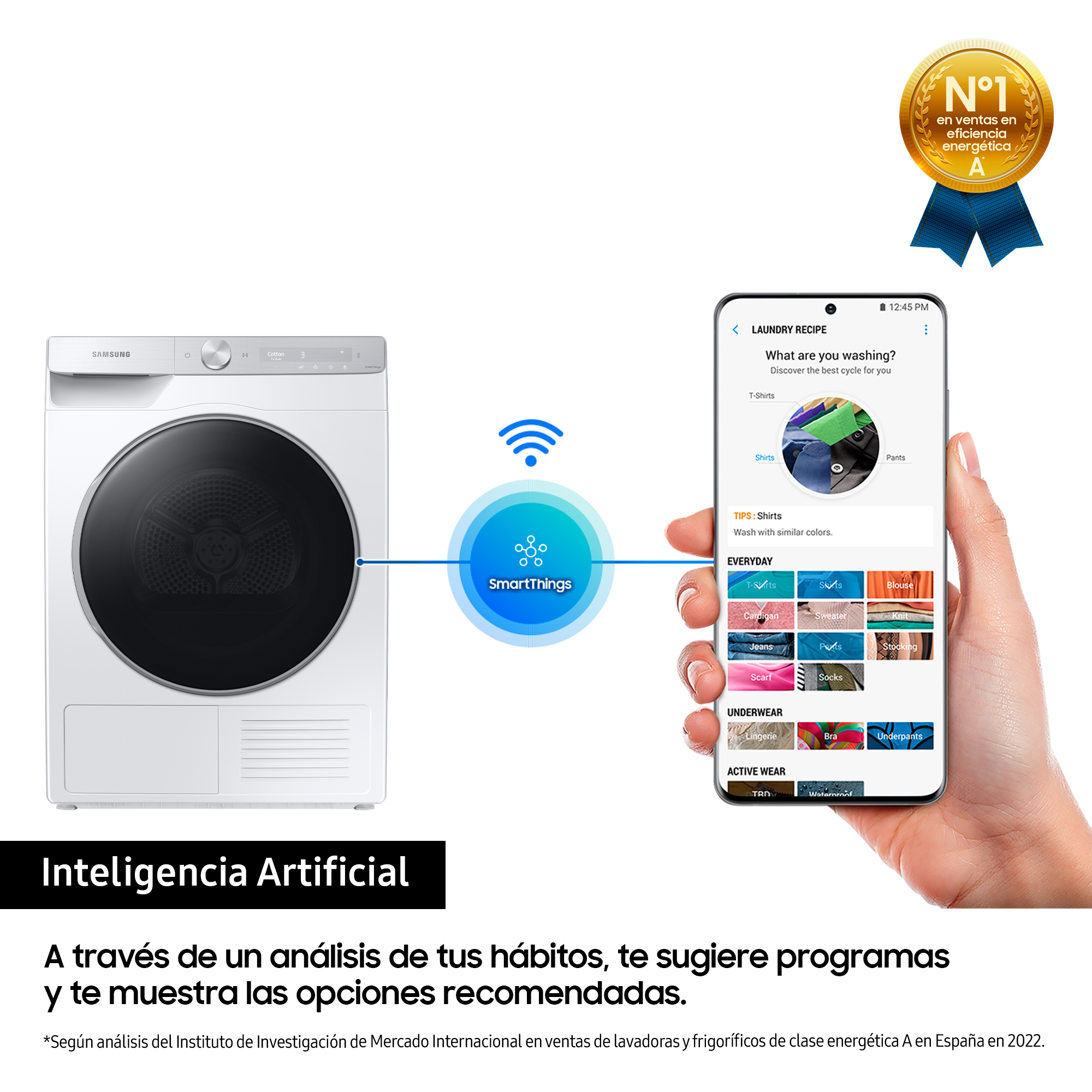 Lavadora y pantalla de teléfono mostrando opciones de lavado. Logotipo de SmartThings visible. Fondo blanco.