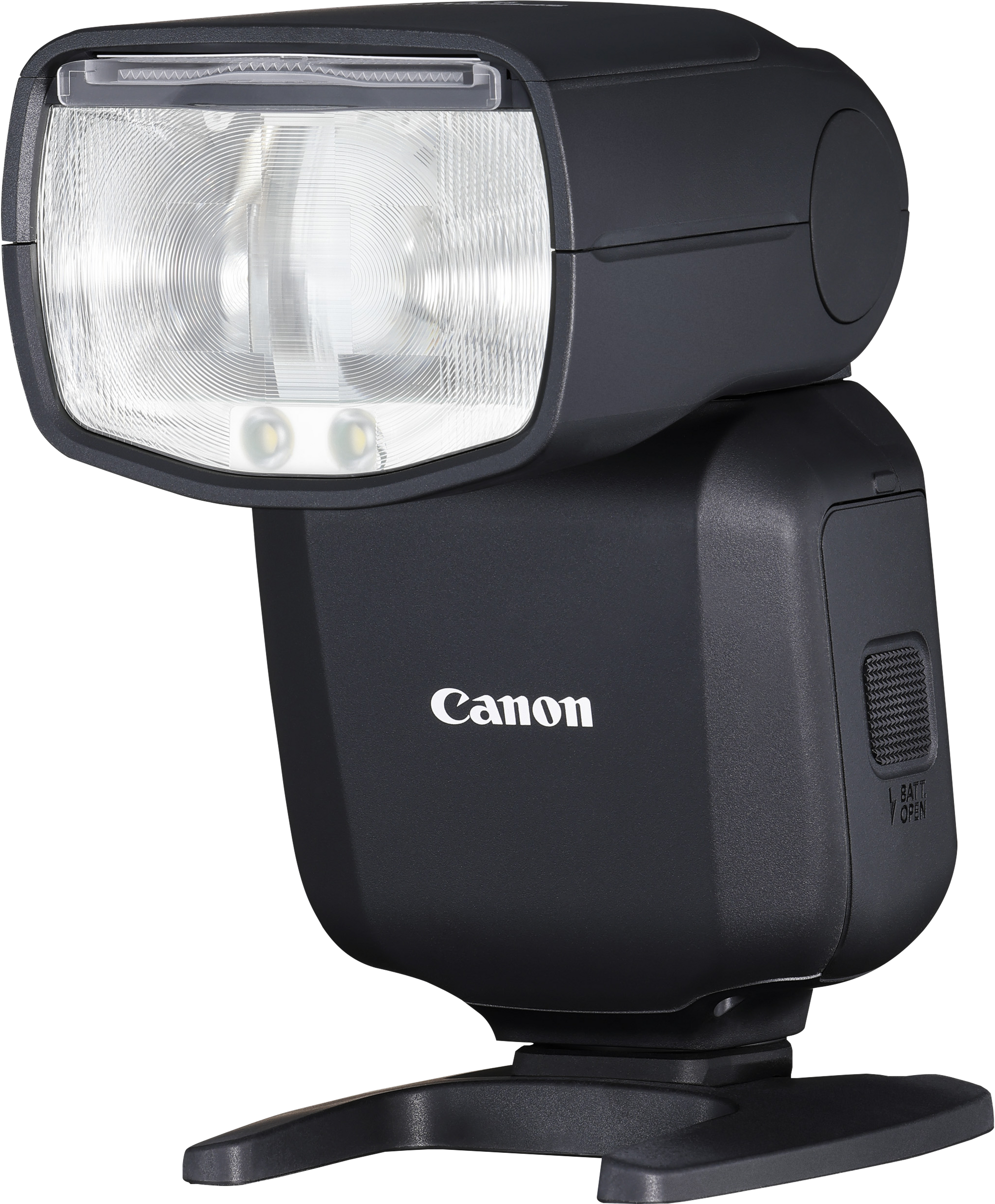 Flash Canon, noir avec logo Canon blanc, prise de vue en angle.