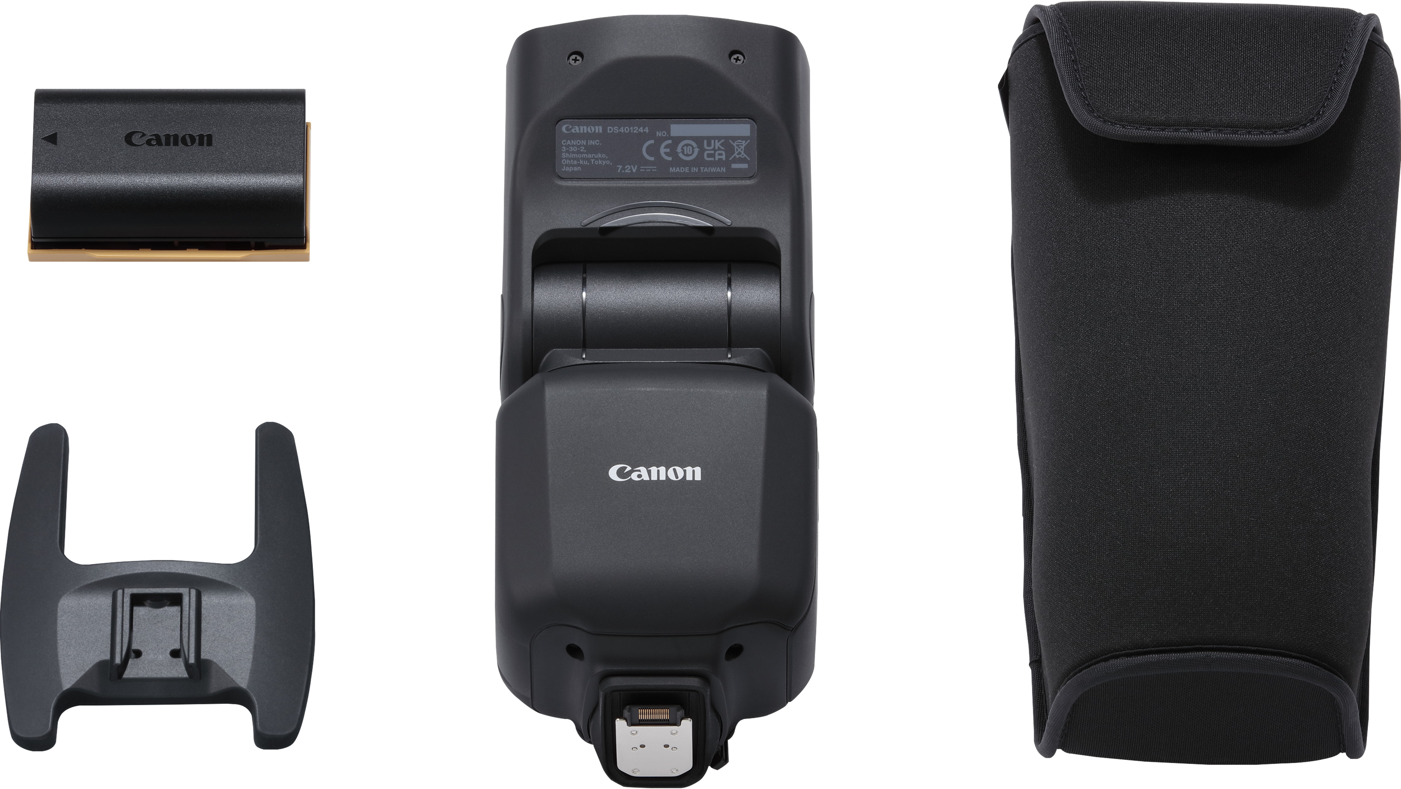 Flash Canon, batterie, support et étui disposés sur une surface blanche.