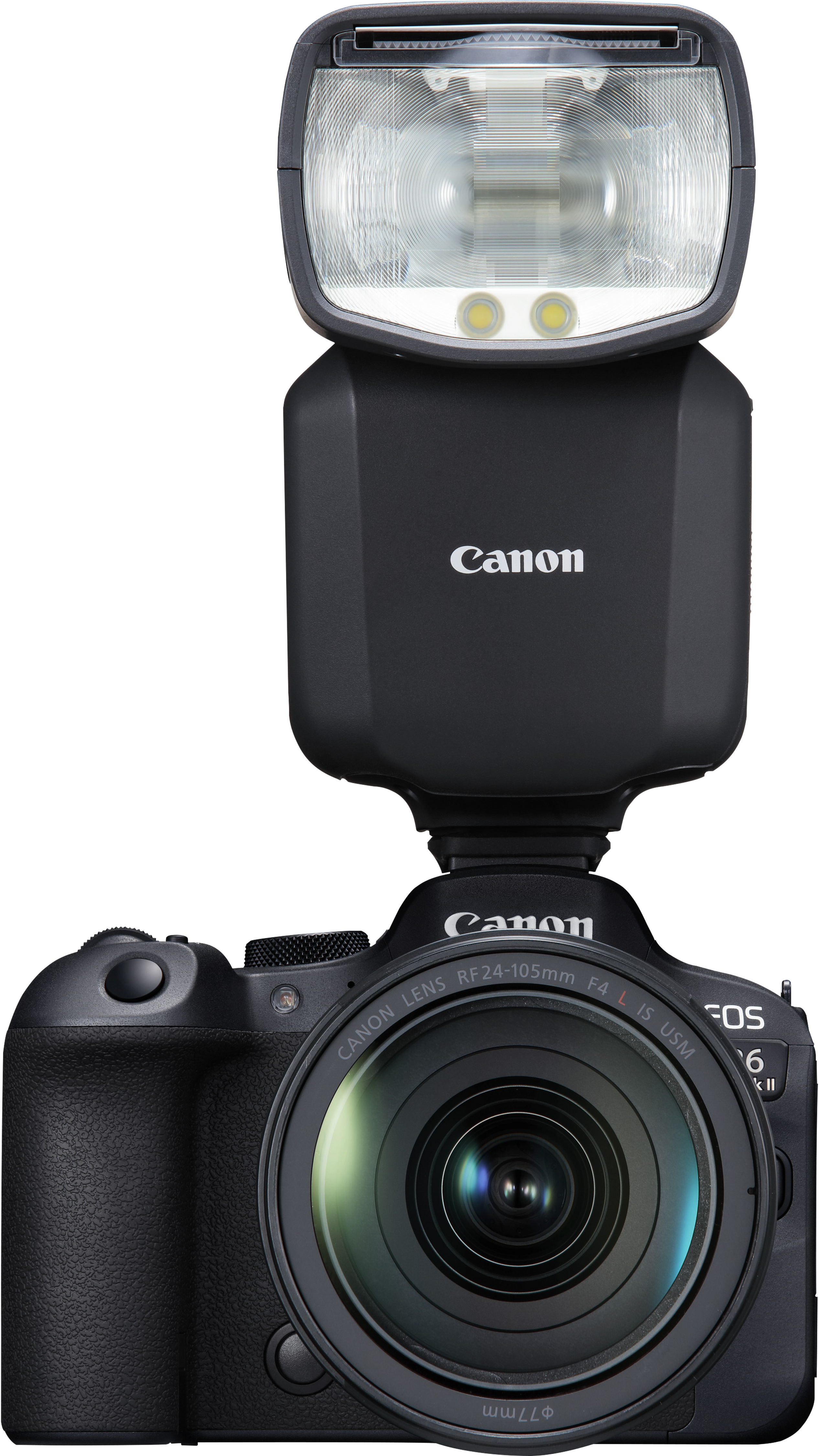 Appareil photo Canon noir avec flash. Objectif, marque et fond noir.
