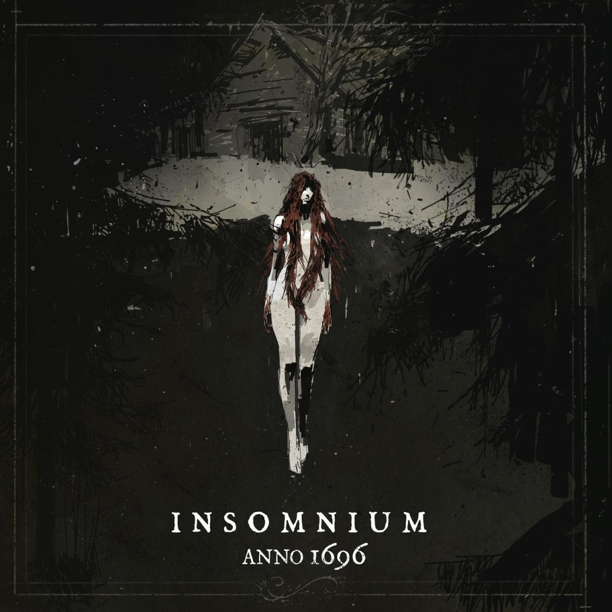 Albumcover. Figur in einem dunklen Wald, ein Haus und das Wort 'Insomnium'.