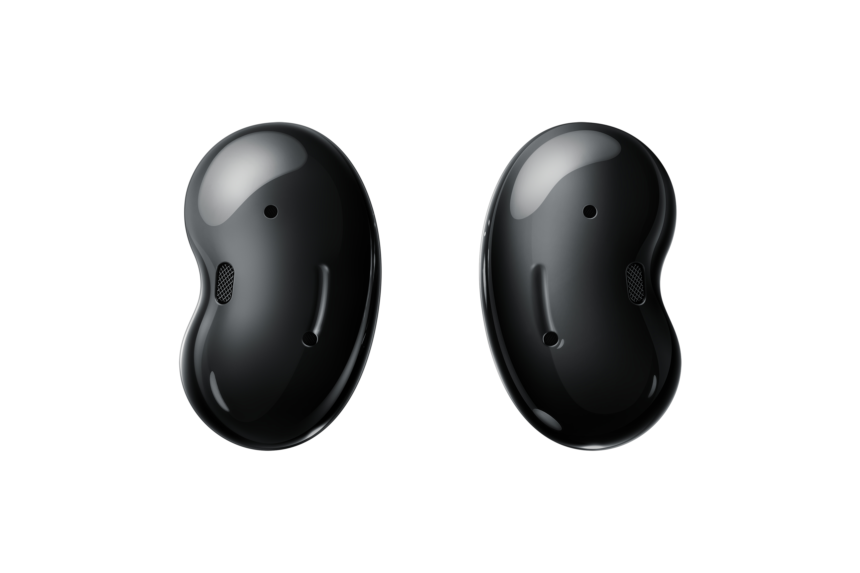 Dos auriculares inalámbricos negros en forma de frijol aislados sobre fondo blanco.