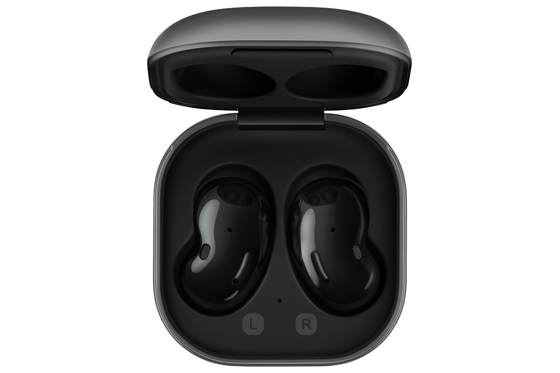 Auriculares inalámbricos negros dentro de un estuche de carga. Estuche abierto, interior negro, exterior gris.