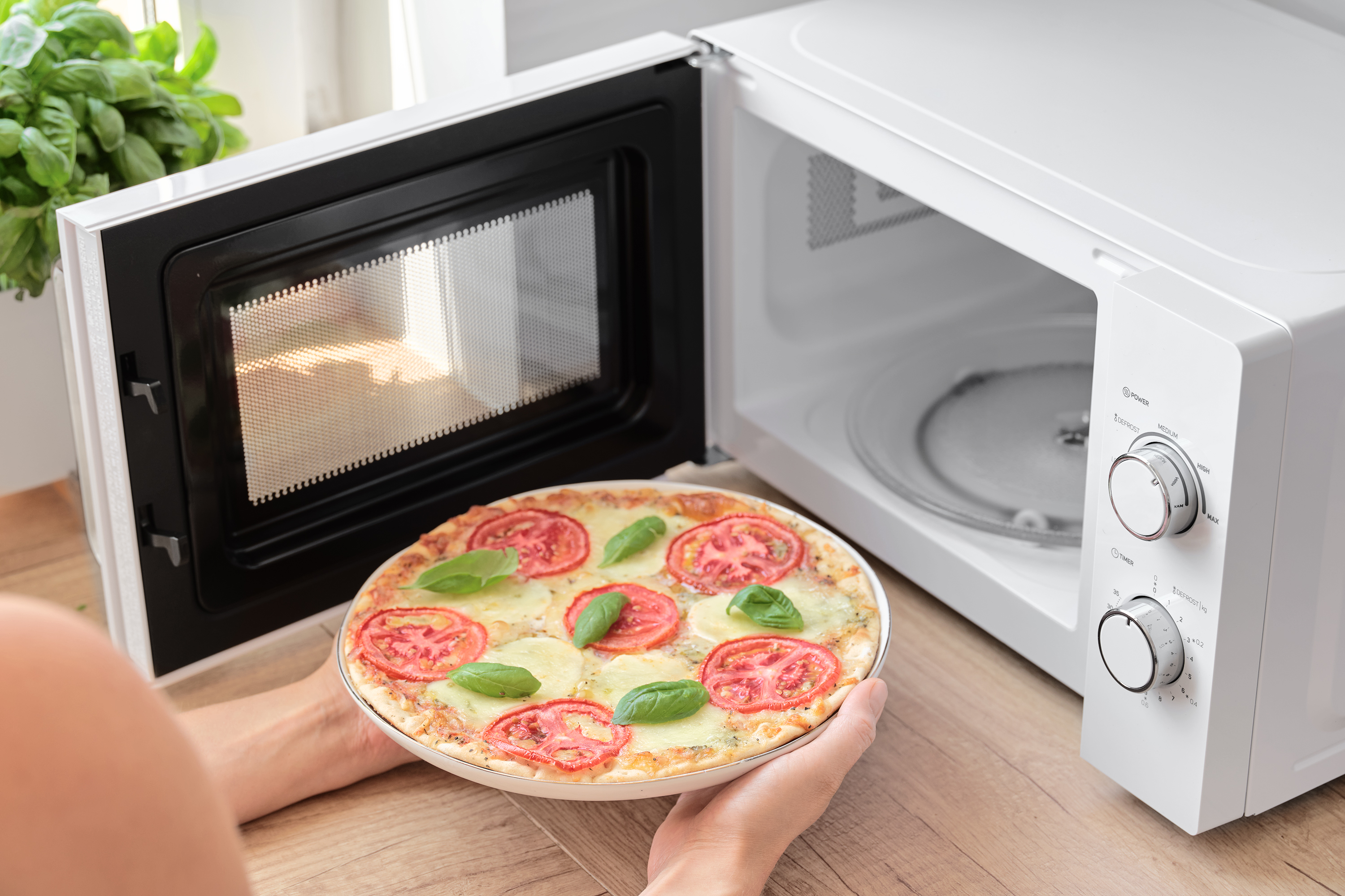 Egy személy pizzával teli tányért tart egy nyitott mikrohullámú sütő előtt.