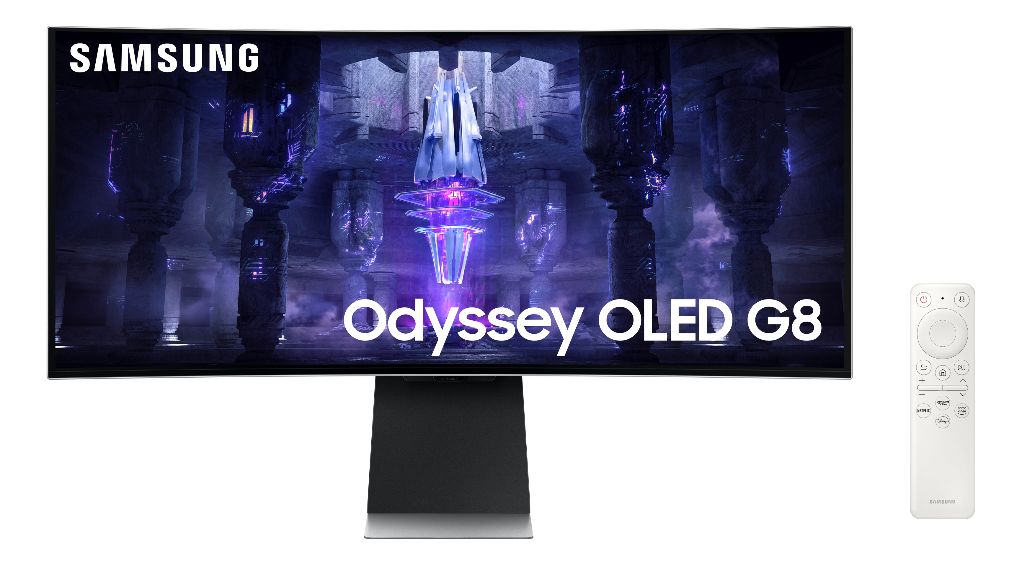 Samsung Odyssey OLED G8 Monitor mit schwarzem Ständer und Fernbedienung auf schwarzem Hintergrund.