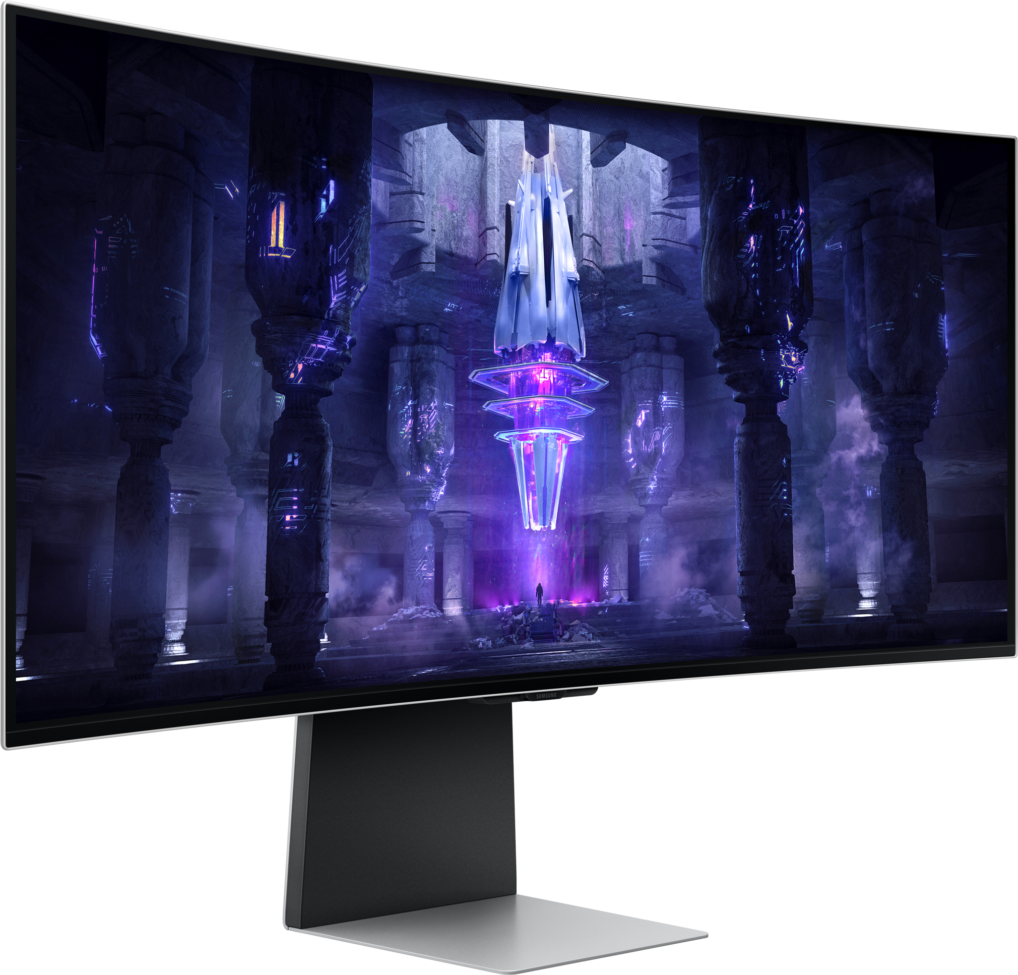 Gebogener Monitor mit einem Science-Fiction-Hintergrund einer futuristischen Stadt.