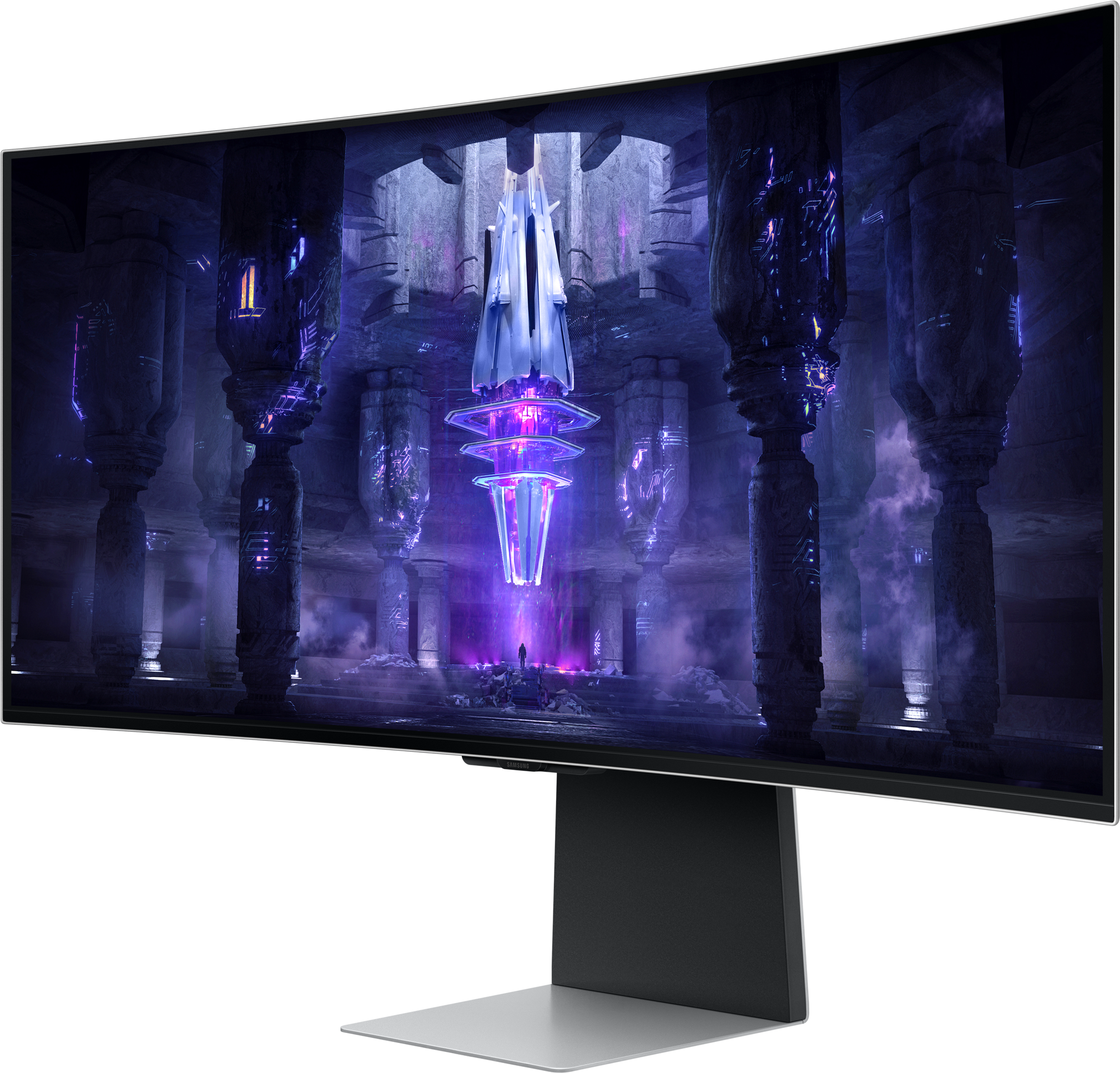 Gebogener Monitor mit futuristischer Szene, dunkler Hintergrund.