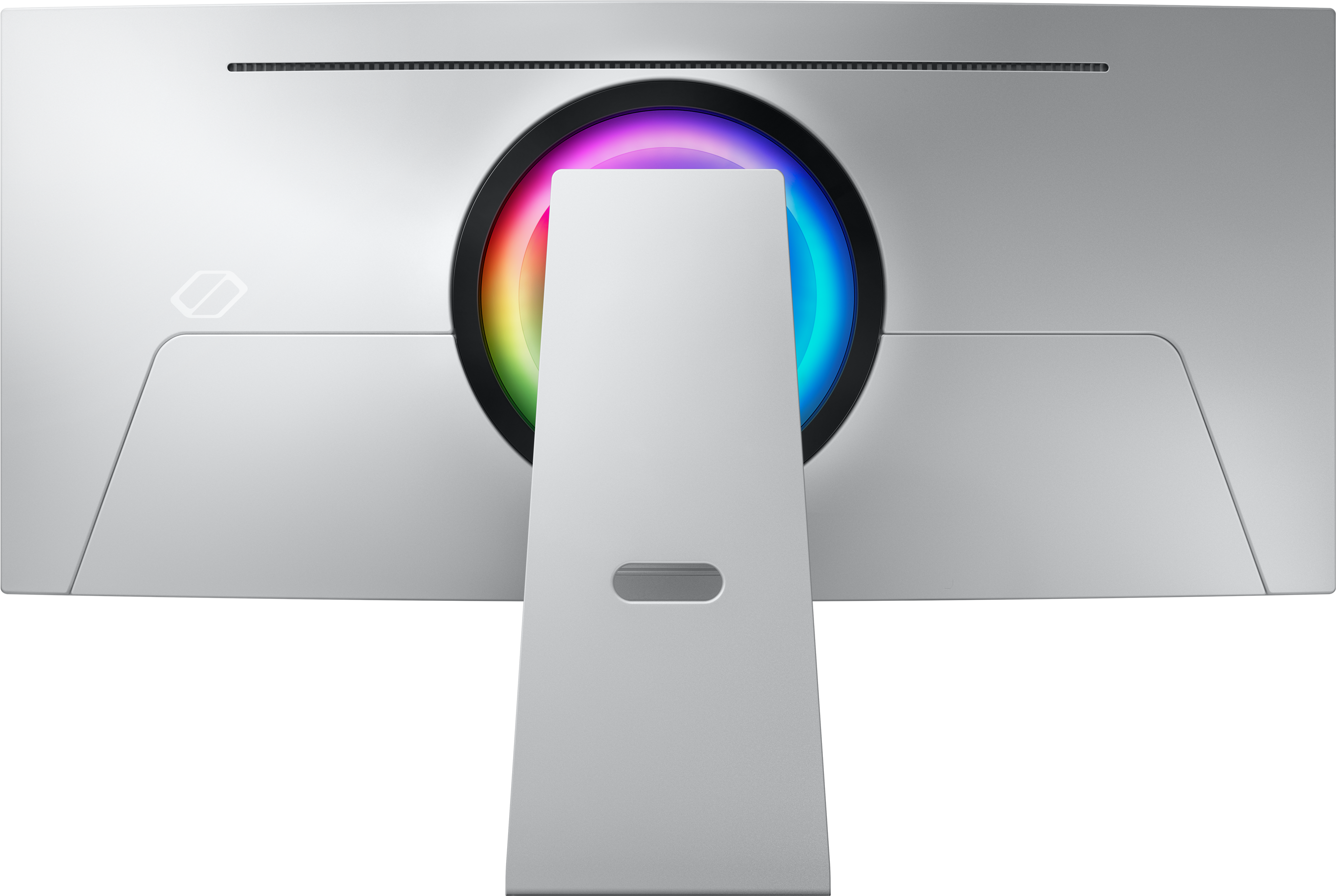 Die Rückseite eines silbernen Monitors mit bunten Lichtern in einem kreisförmigen Design.
