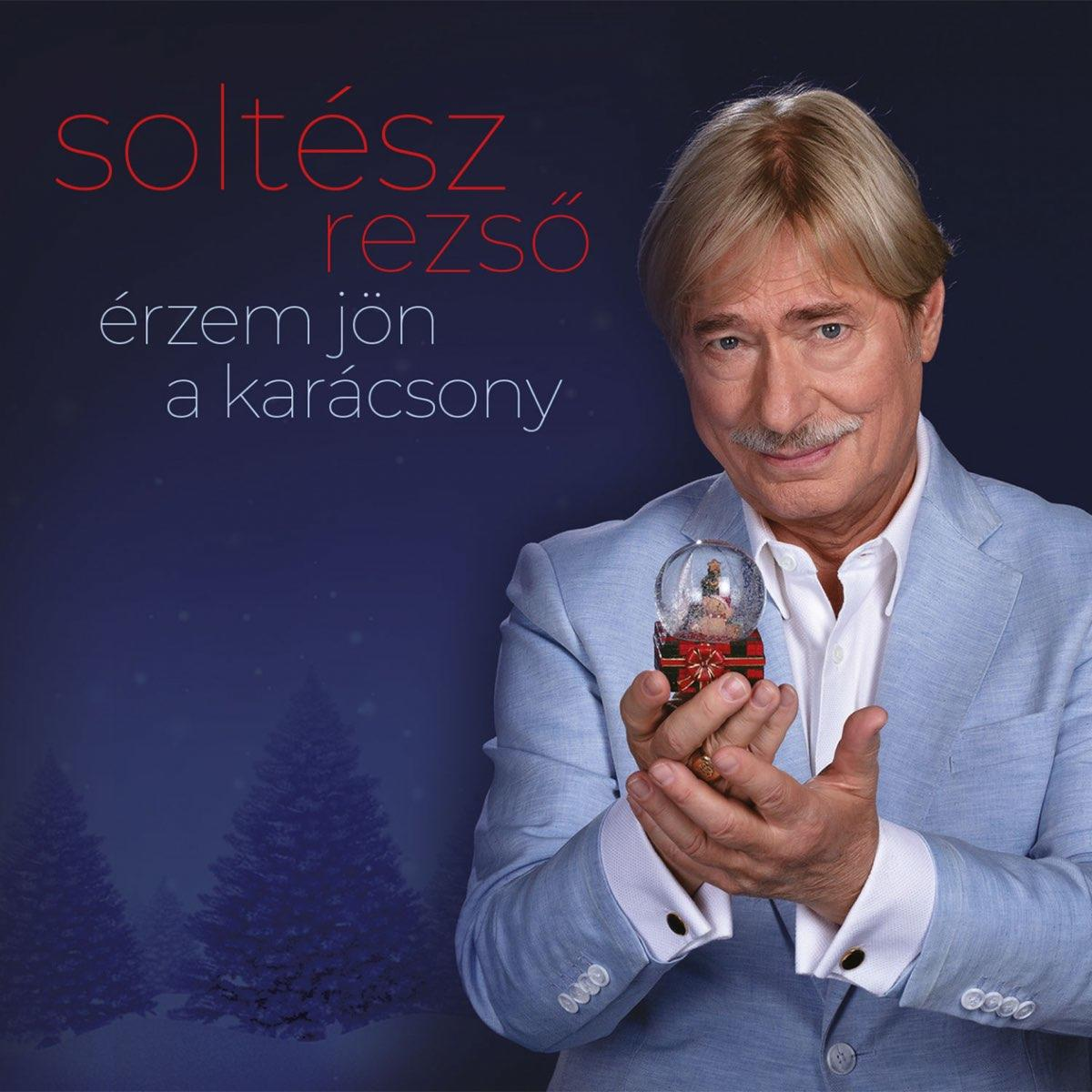 Kék öltönyös férfi hólabdát tart. Magyar nyelvű szöveg. Kék háttér fenyőfákkal.
