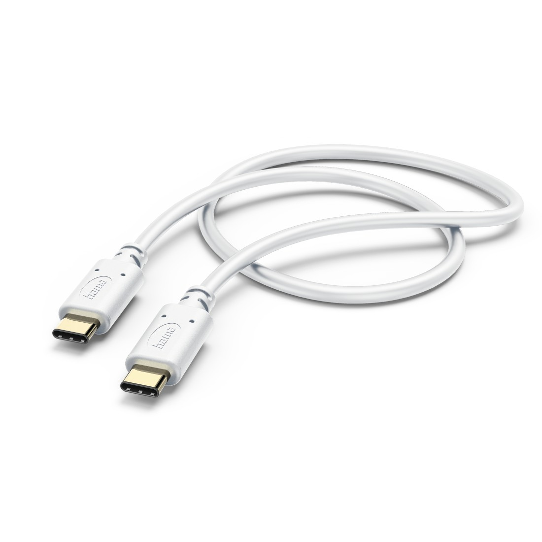 Weißes USB-C-Kabel. Zwei USB-C-Anschlüsse sind durch ein Kabel verbunden, auf weißem Hintergrund.