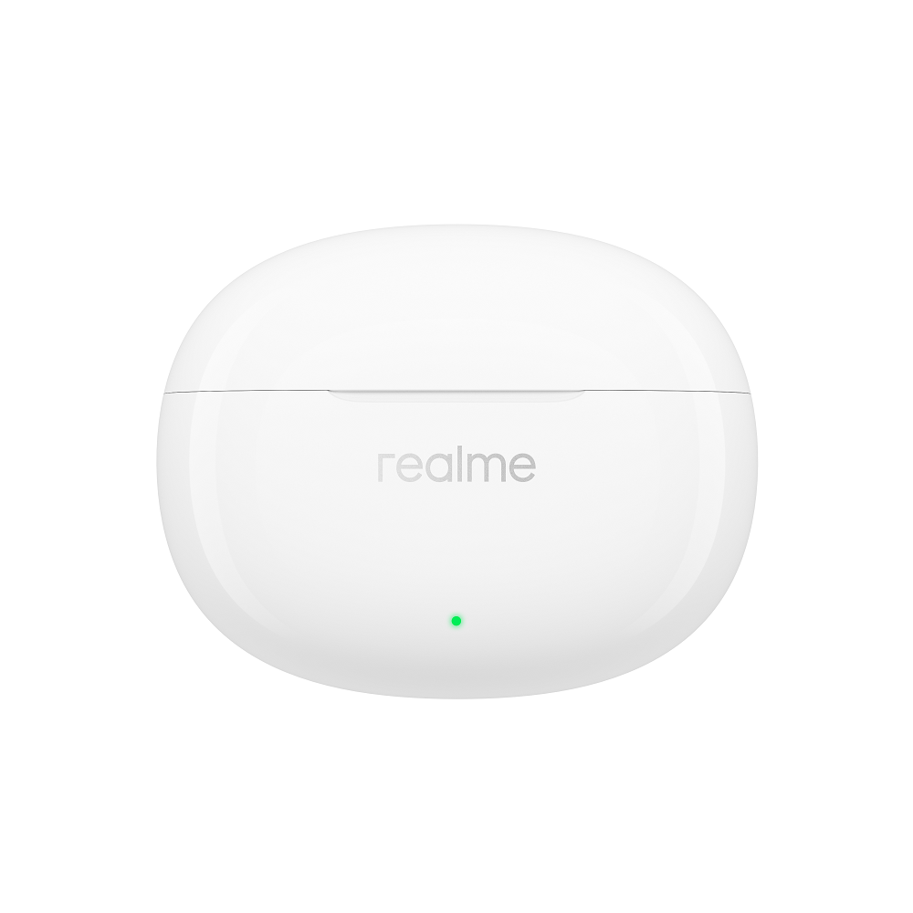 Ortasında "realme" yazan beyaz, oval şeklinde şarj kutusu.