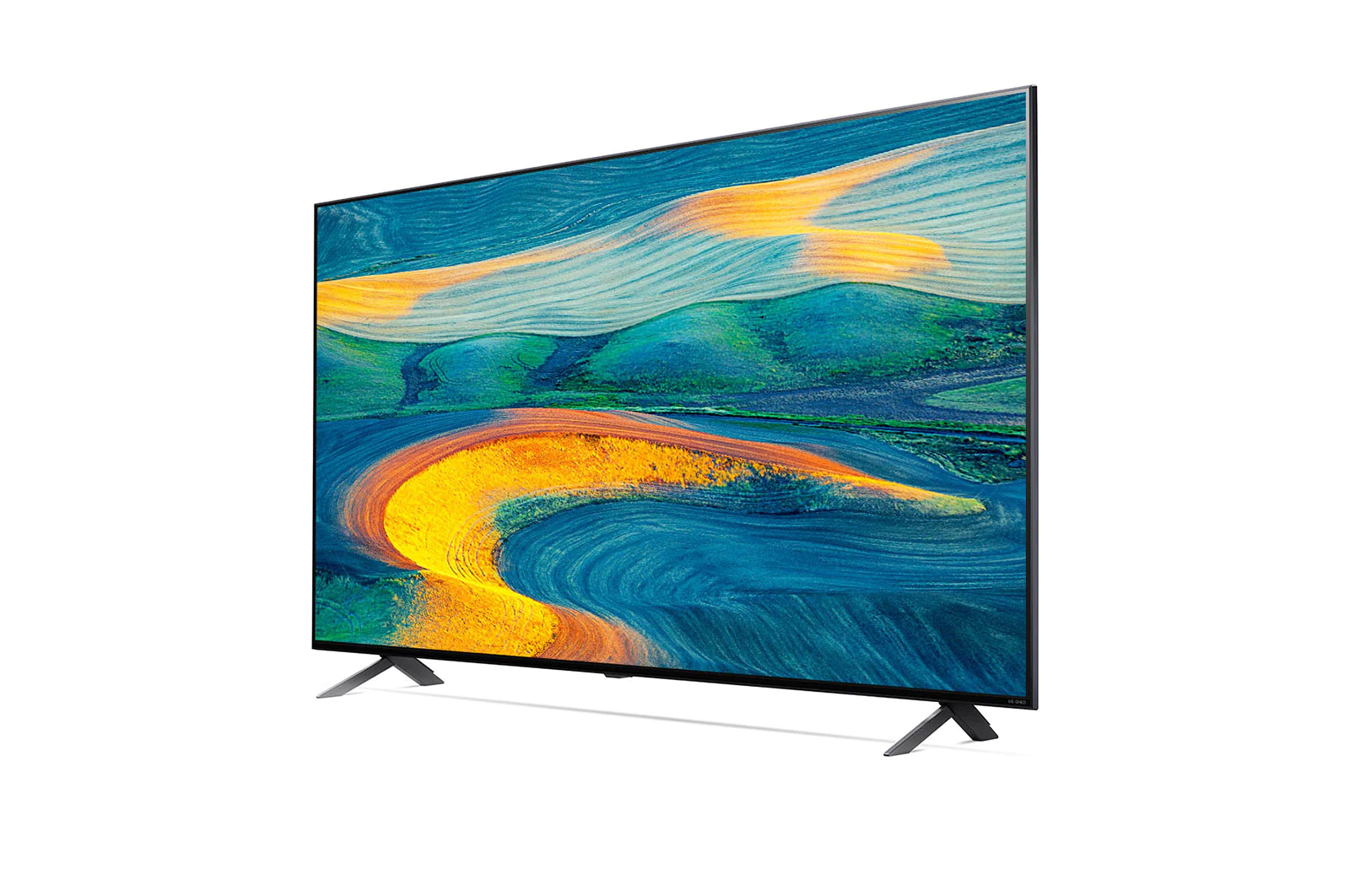 Beyaz bir arka plan üzerinde soyut, renkli bir resim sergileyen büyük bir düz ekran TV.