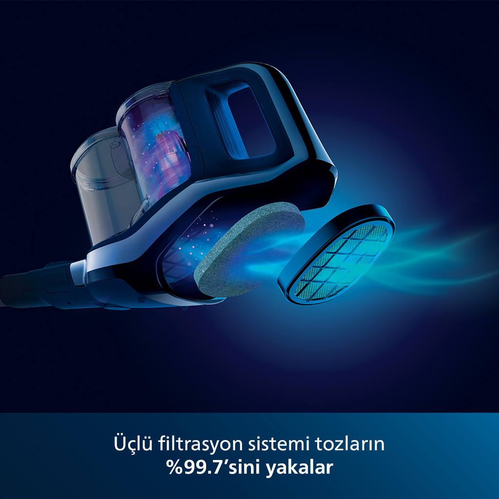 Koyu mavi renkte elektrik süpürgesi, filtreleme sistemini vurguluyor.