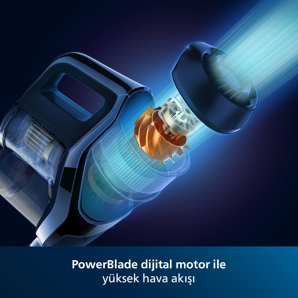 İç bileşenleri ve mavi ışıkları olan elektrik süpürgesi motoru.