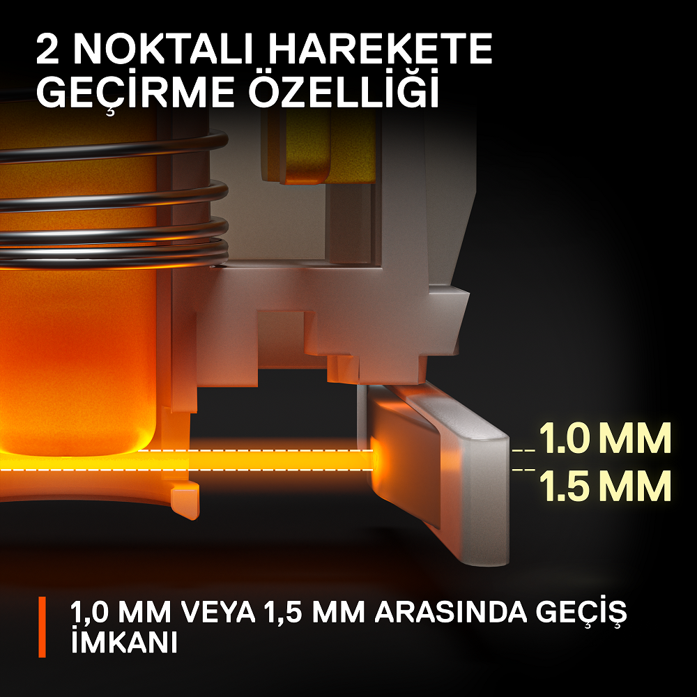 Bir cihazın mekanizmasının yakın çekimi, 1,0 mm ve 1,5 mm boşluk seçeneklerini gösteren metinle.