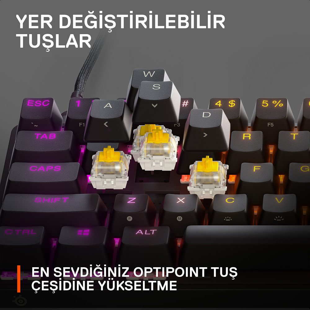 Sarı mekanik tuşlara ve değiştirilmiş tuş başlıklarına sahip bir klavye.