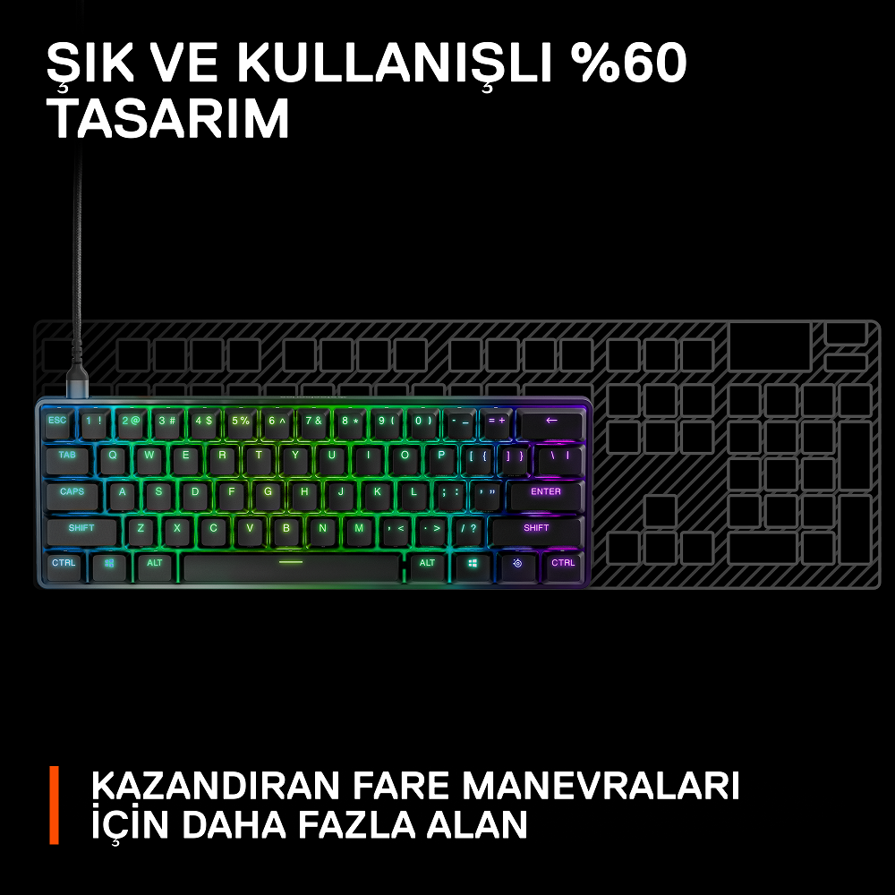 Gökkuşağı tuşlu siyah klavye, siyah kablo ve ana hat tuş düzeni.