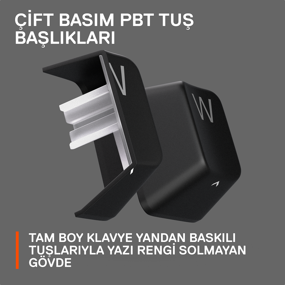 Gri bir yüzey üzerinde açılı duran beyaz harfli iki siyah tuş başlığı.