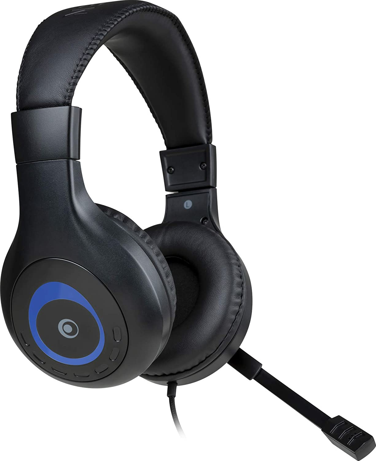 Cuffie nere con microfono, dettagli blu sui padiglioni auricolari e un filo di collegamento.