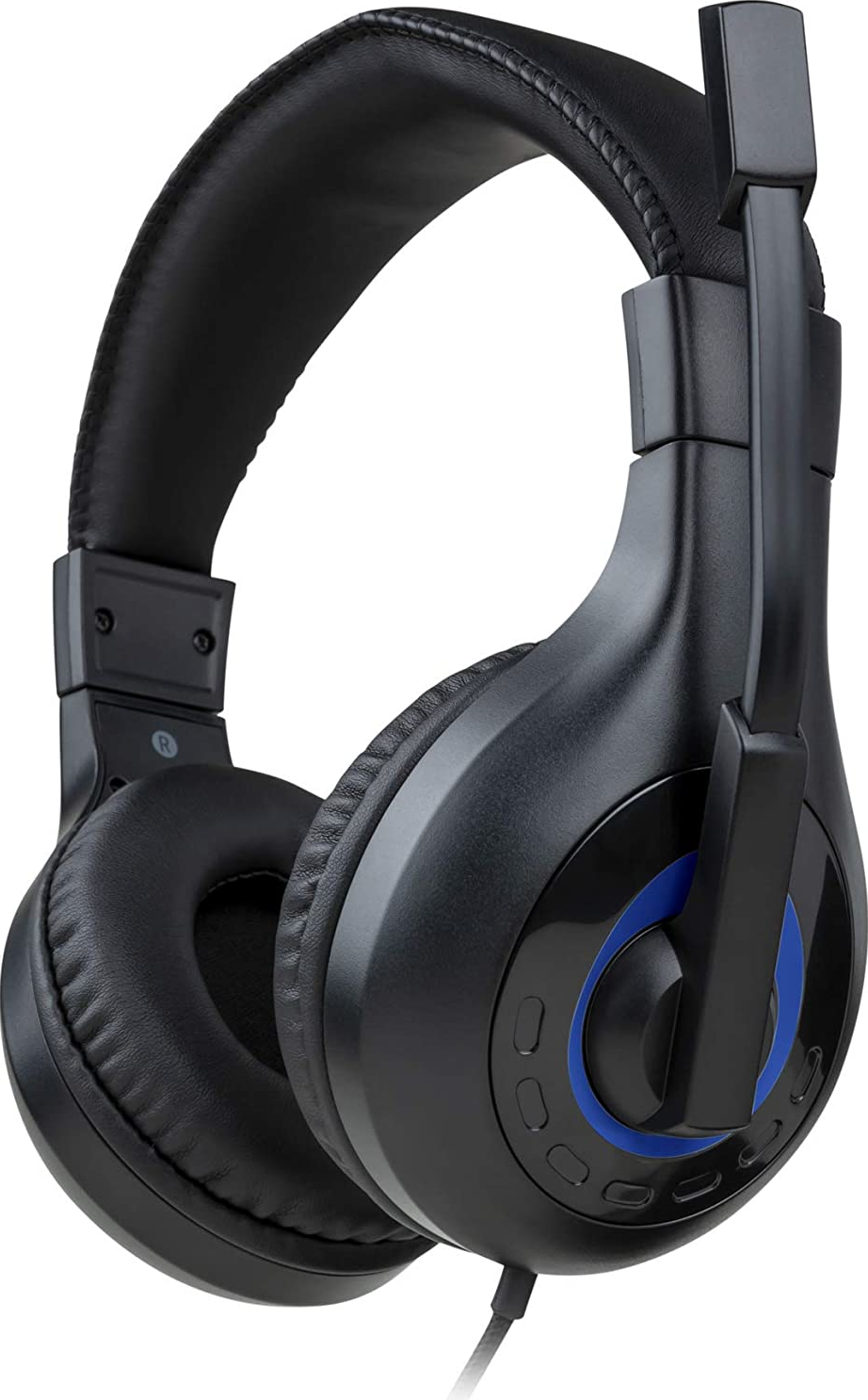 Cuffie da gaming nere con microfono e dettagli blu, isolate su sfondo bianco.