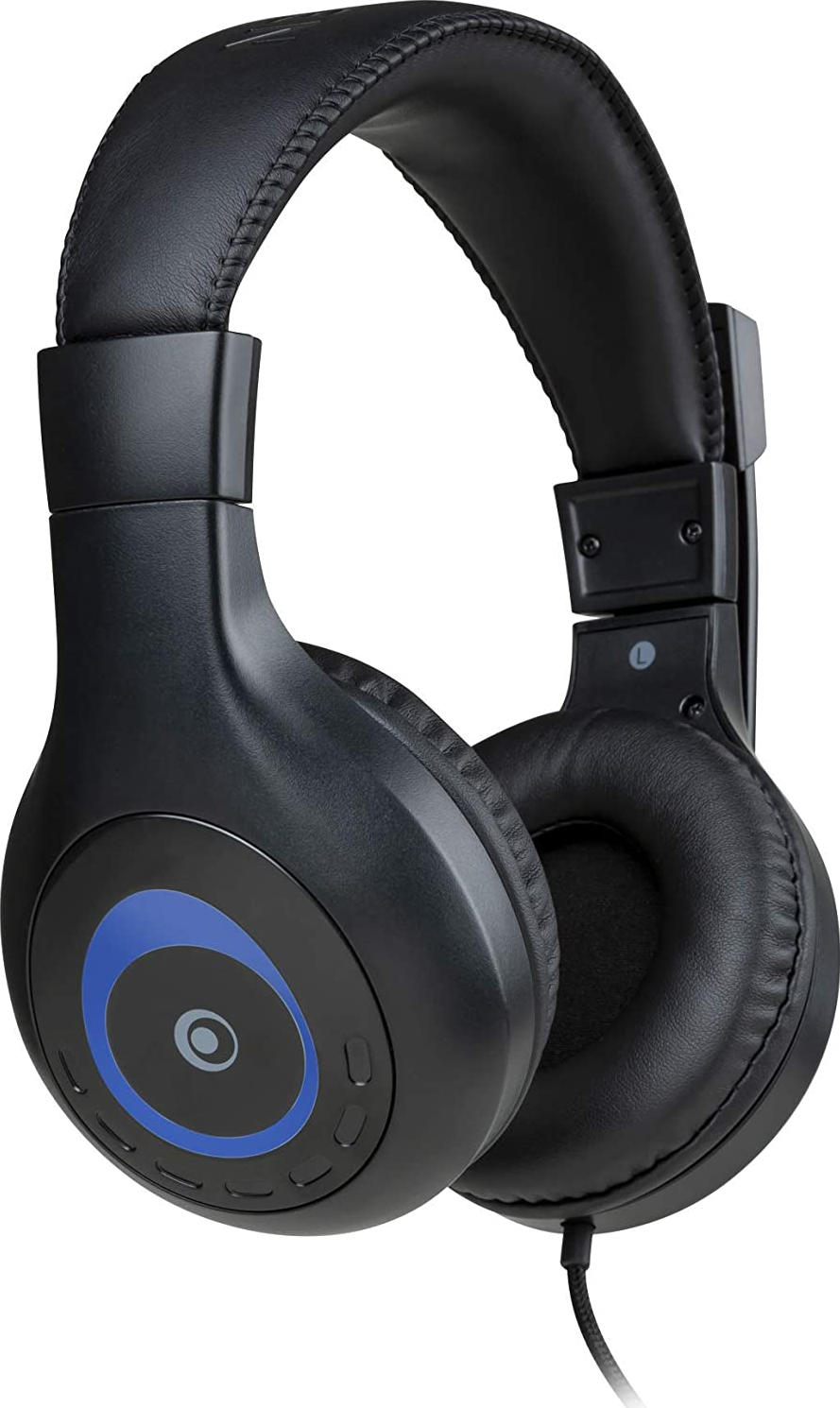 Cuffie nere con accenti blu. Le cuffie hanno una fascia e padiglioni collegati con un filo.