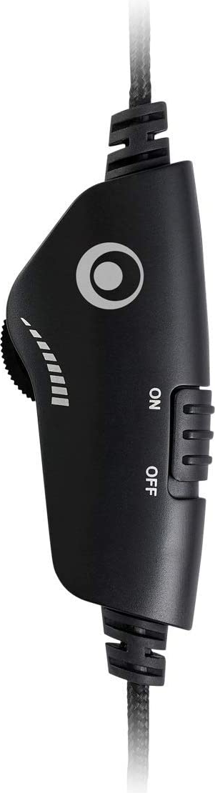 Primo piano di un controllo del cavo audio con interruttore on/off e una rotella di controllo del volume. Il cavo è nero.