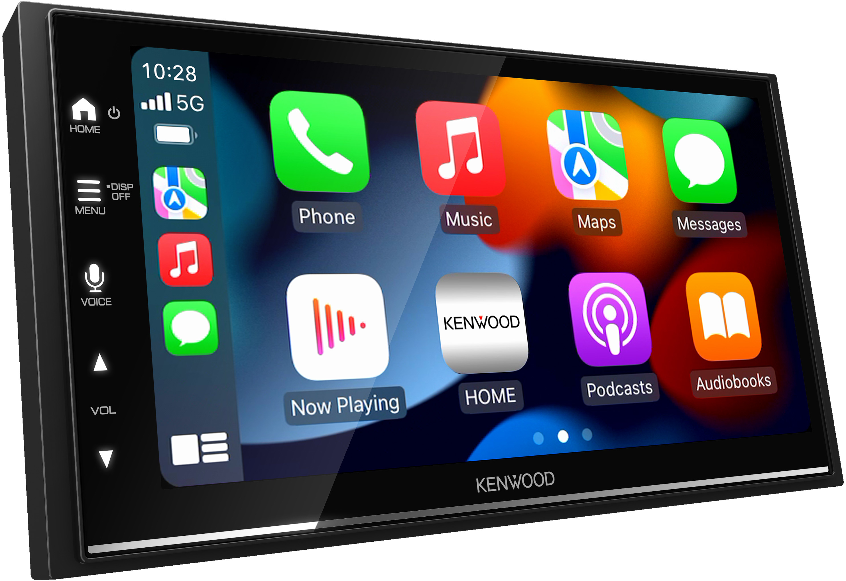 Ein Auto-Infotainment-Bildschirm zeigt App-Symbole, einschließlich Telefon, Musik und Karten.