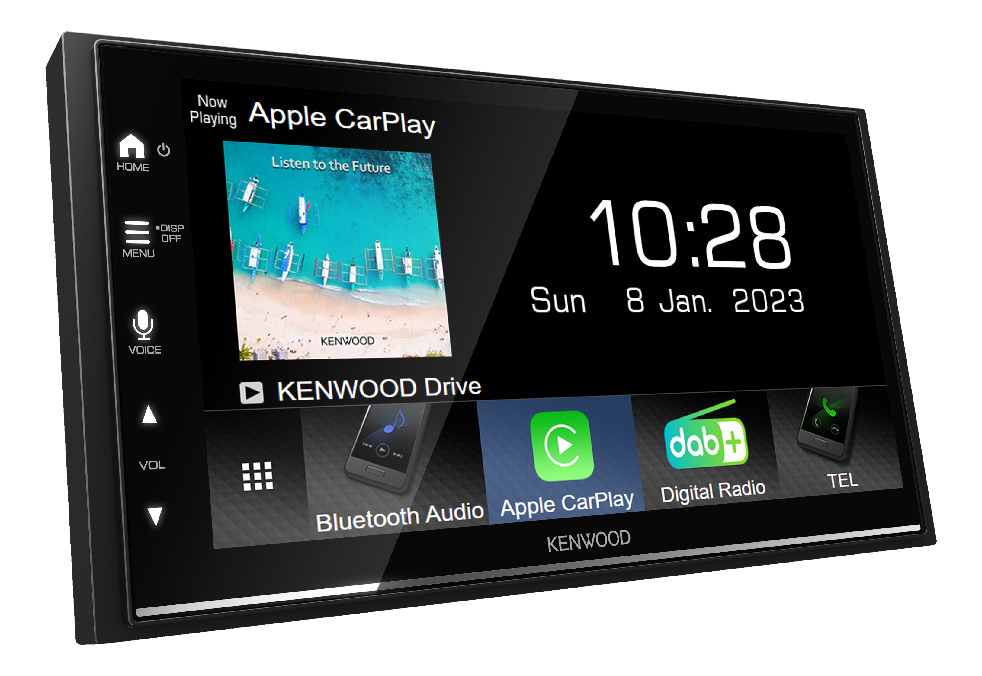 Auto-Audioscreen mit Apple CarPlay, Uhrzeit, Datum und Kenwood-Logo. Bluetooth- und Digitalradio-Optionen.