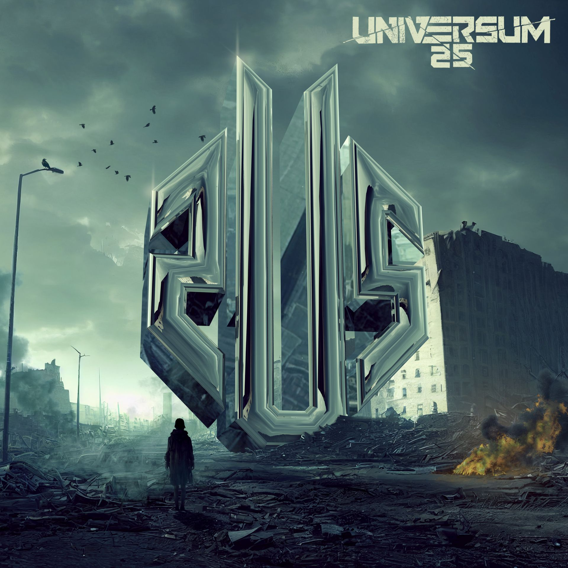 Albumcover mit einer großen metallischen Struktur.