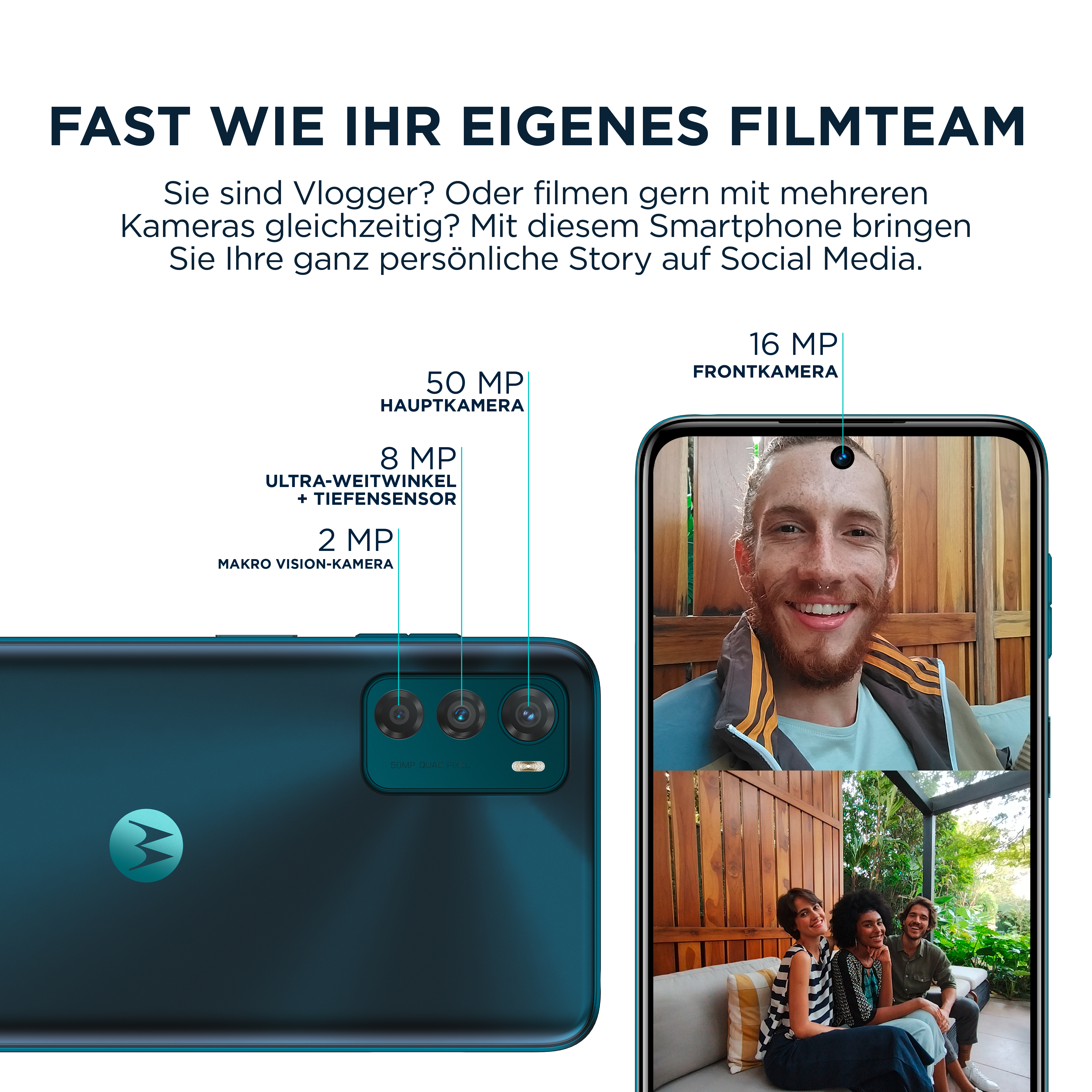 Smartphone mit mehreren Kameras auf der Rückseite. Ein lächelnder Mann auf dem Bildschirm.