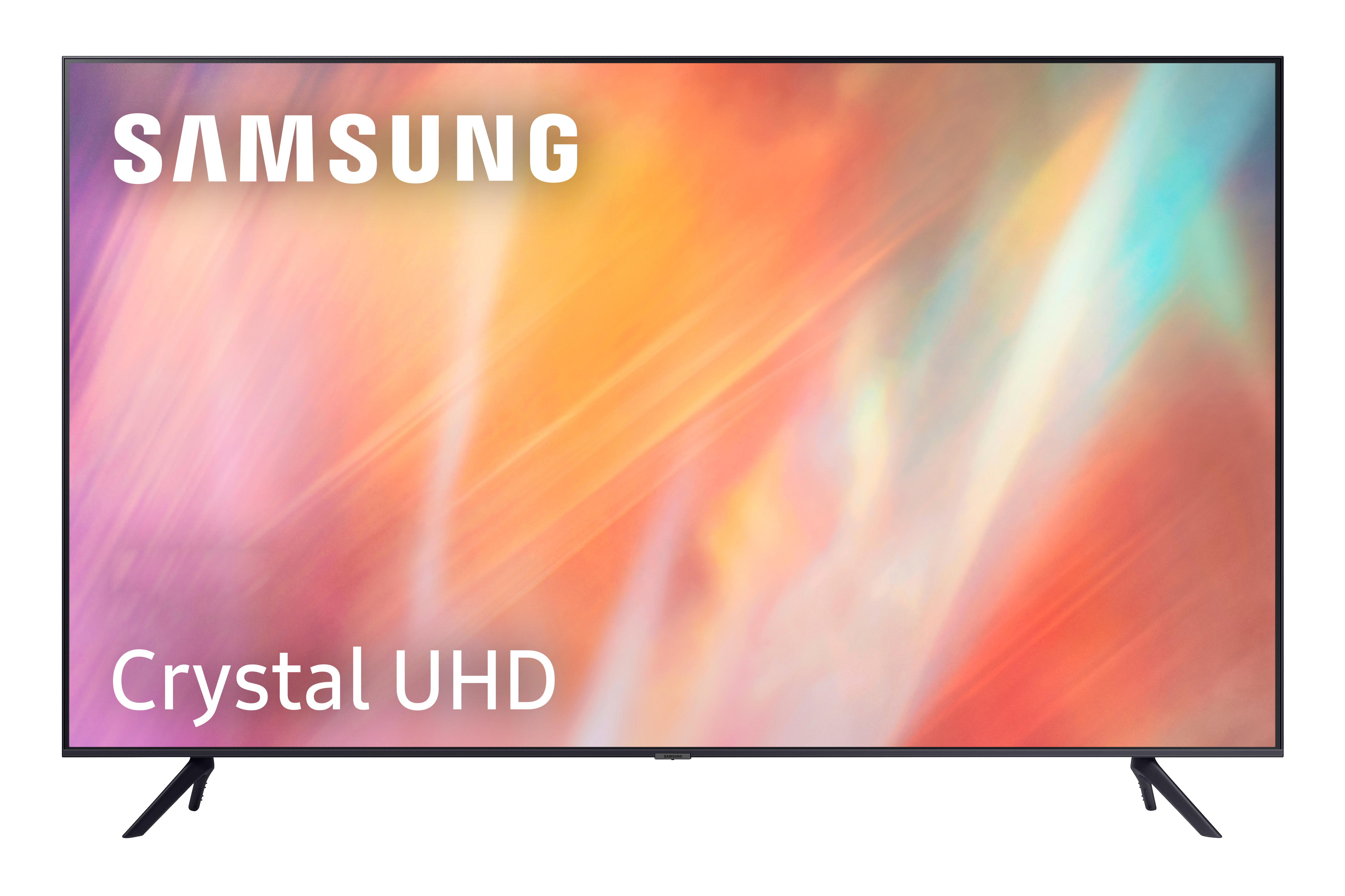 Un televisor Samsung sobre un soporte negro, con el texto "Crystal UHD".