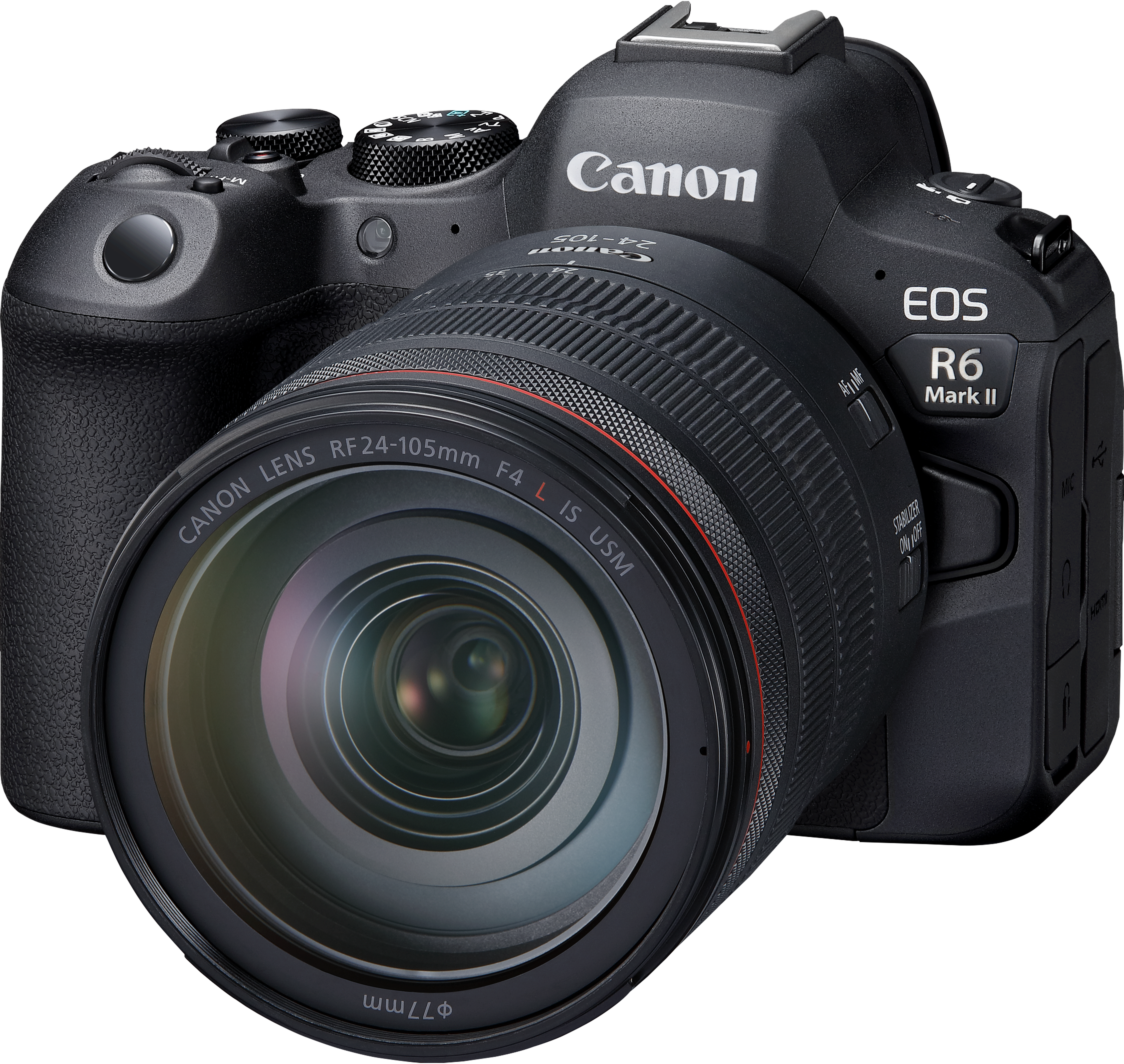 Appareil photo Canon noir avec objectif, boutons et texte Canon EOS R6 Mark II.