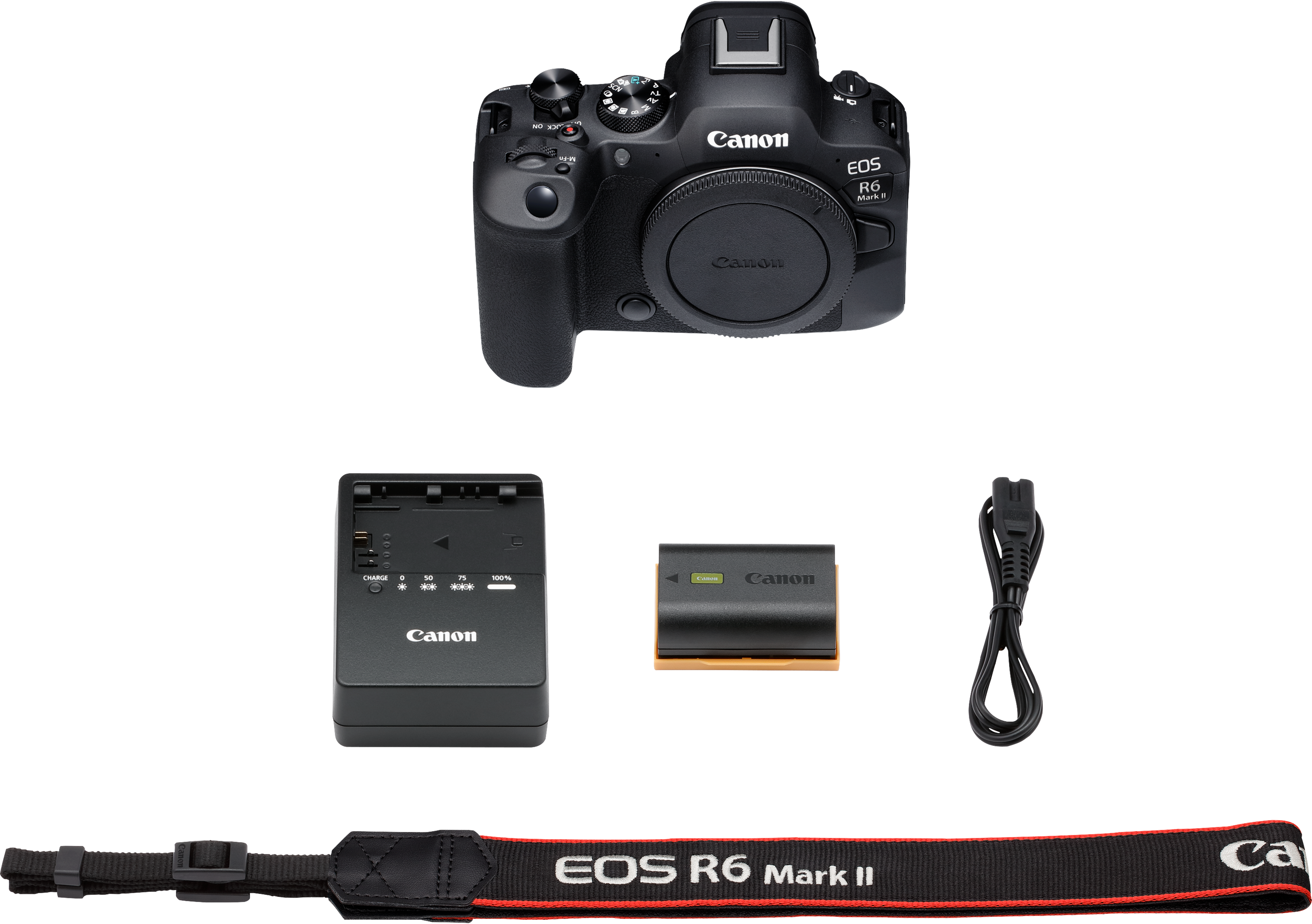 Un appareil photo Canon EOS R6 Mark II, chargeur, batterie, câble et sangle sur fond noir.