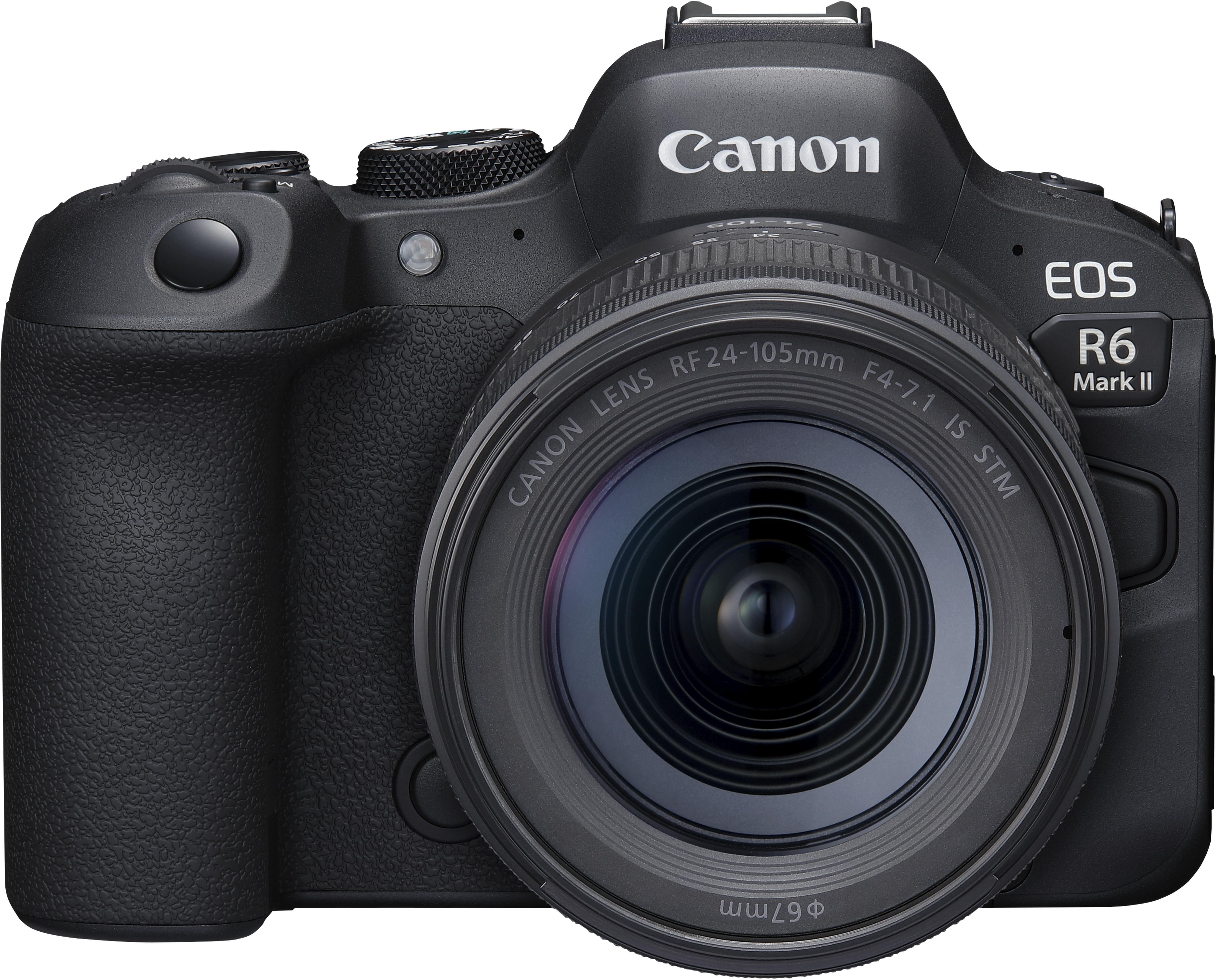 Appareil photo noir avec objectif, vue de face. Canon et EOS R6 Mark II sur le boîtier.