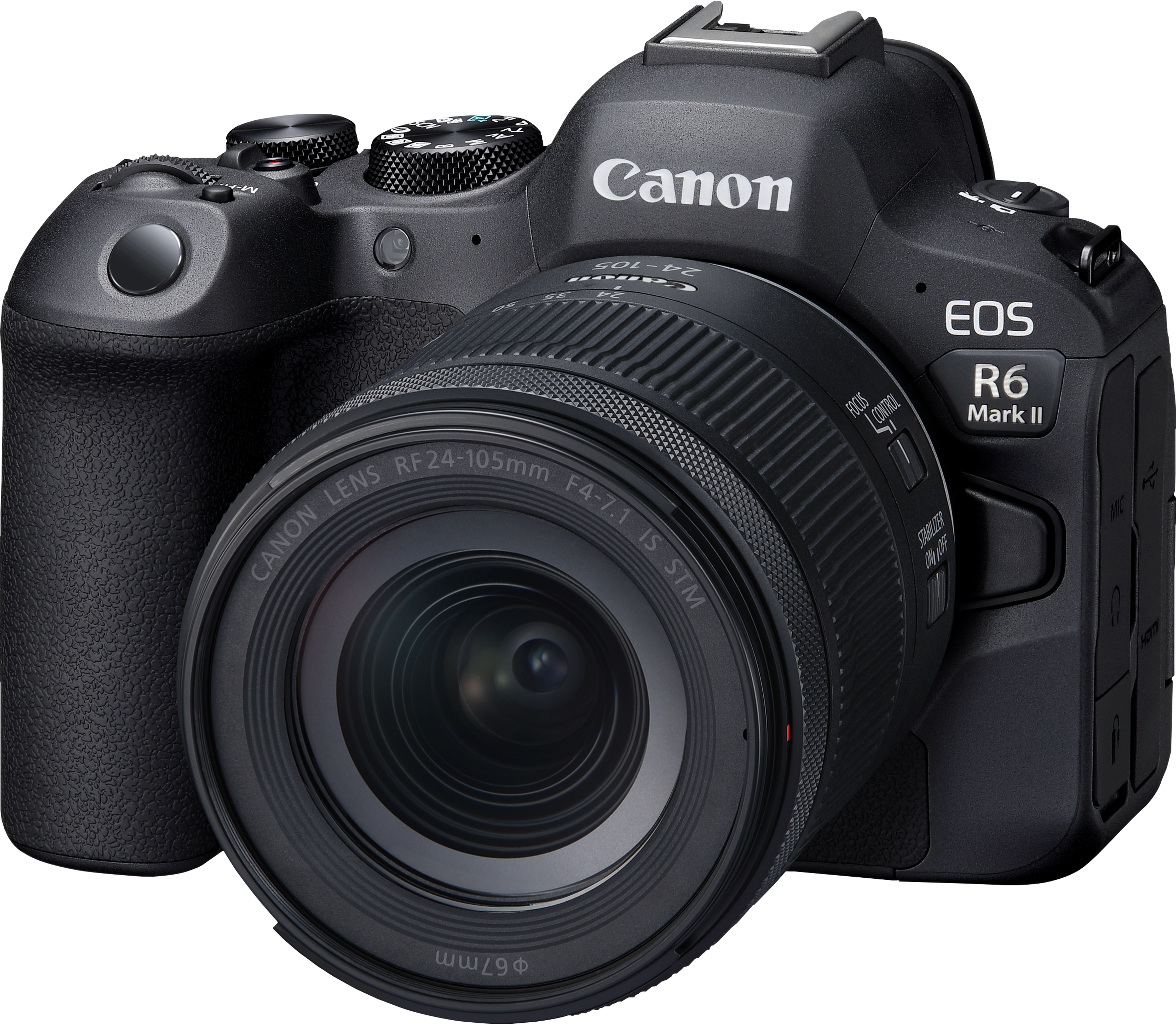 Un appareil photo Canon EOS R6 Mark II noir avec un objectif fixé, incliné vers la droite.