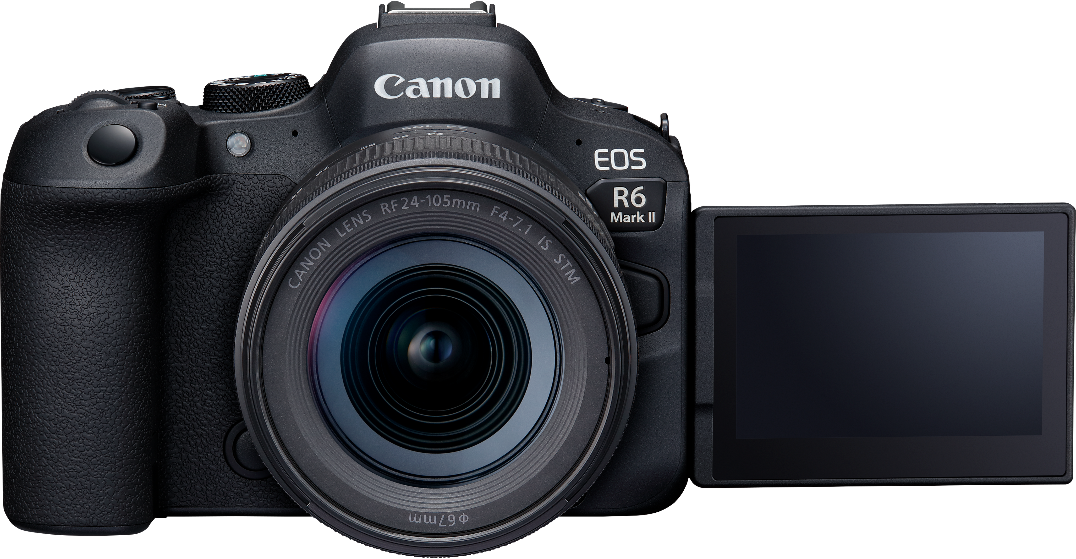 Appareil photo Canon EOS R6 Mark II noir avec objectif et écran ouvert.