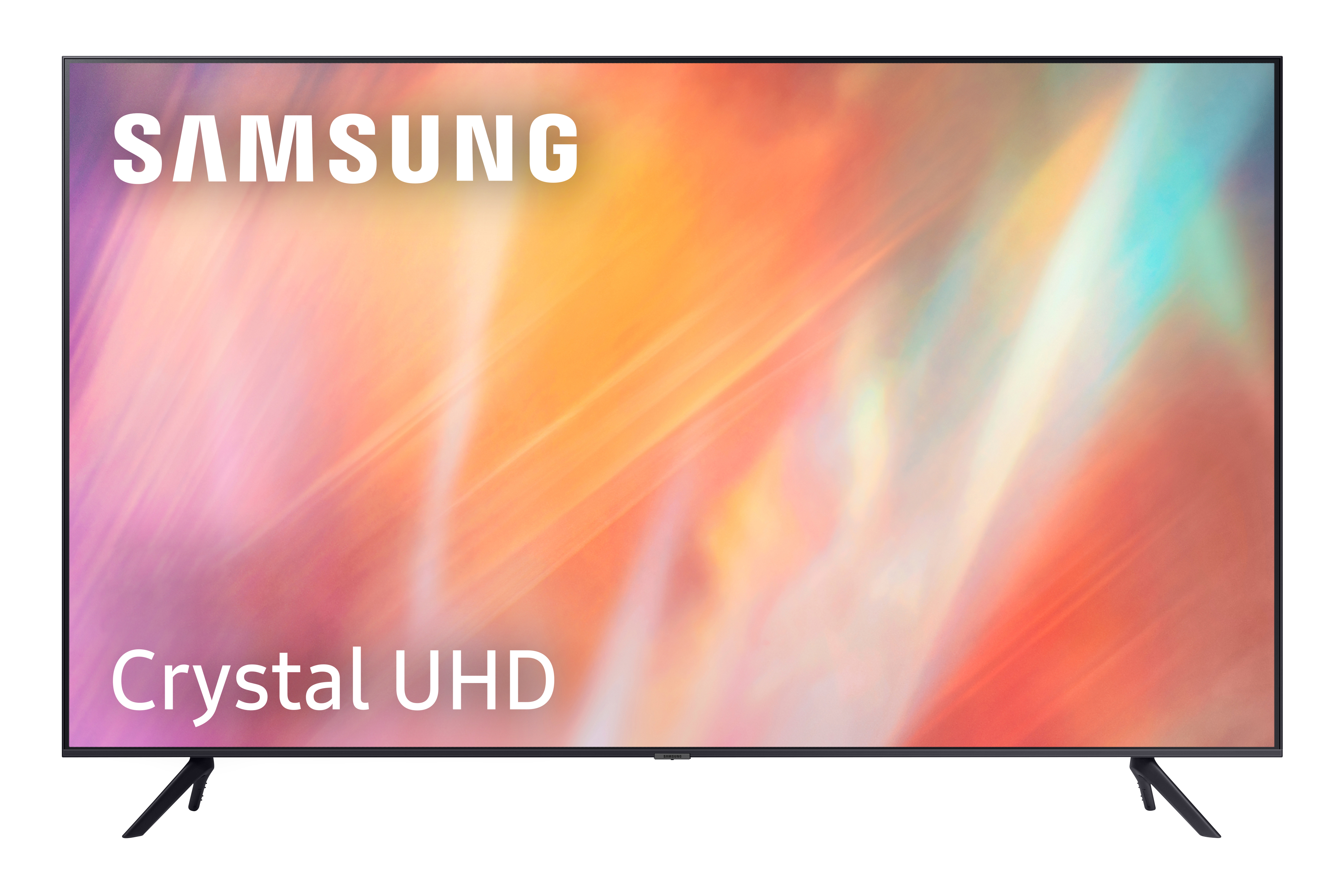 Samsung Crystal UHD TV, marco negro, con pantalla colorida. Soporte negro, fondo blanco.