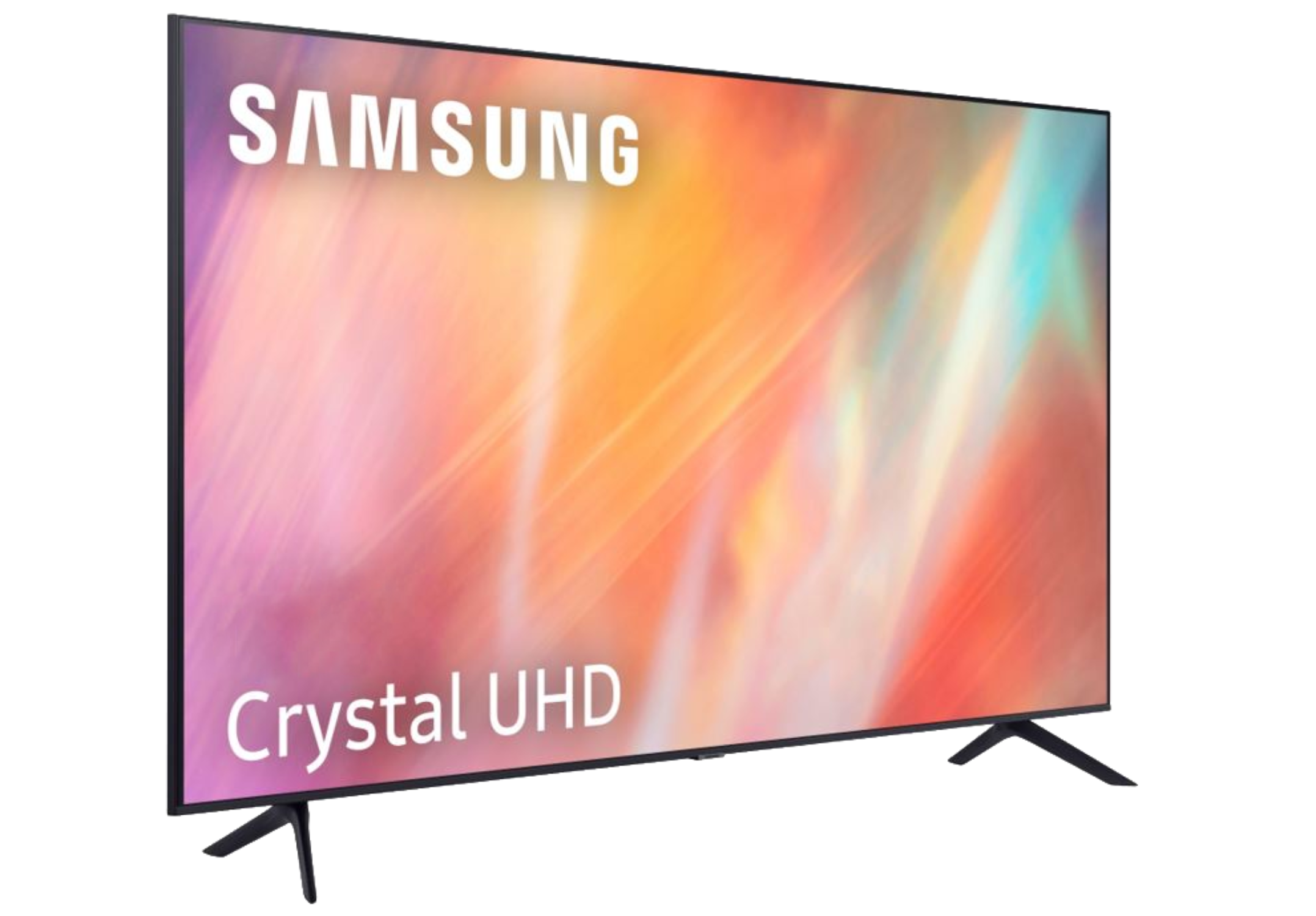 Un televisor Samsung Crystal UHD con pantalla colorida, sobre soporte negro, con el nombre de la marca.