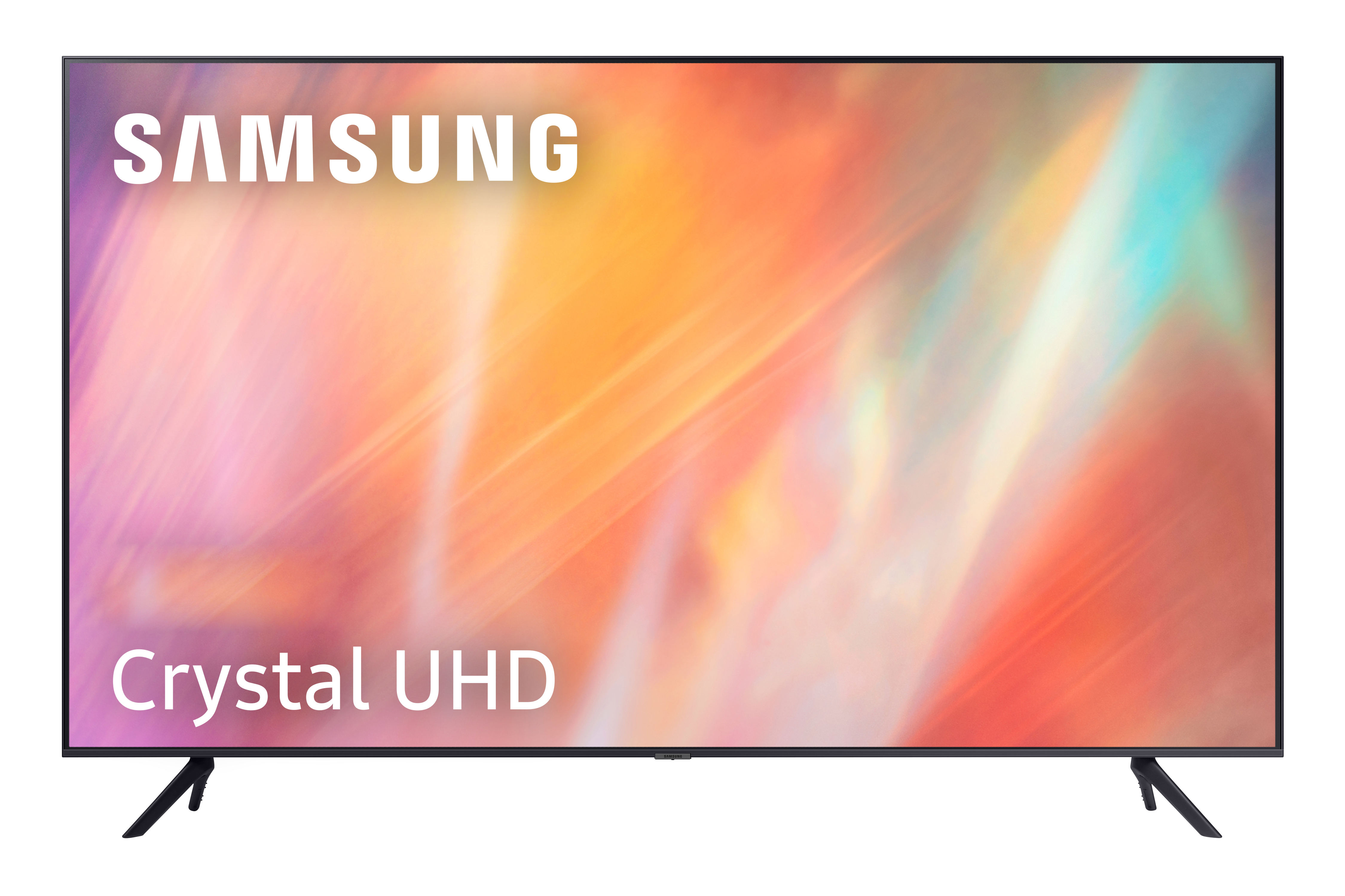 TV Samsung. Marco negro, soportes. Pantalla muestra arte abstracto colorido con texto 'Crystal UHD'.