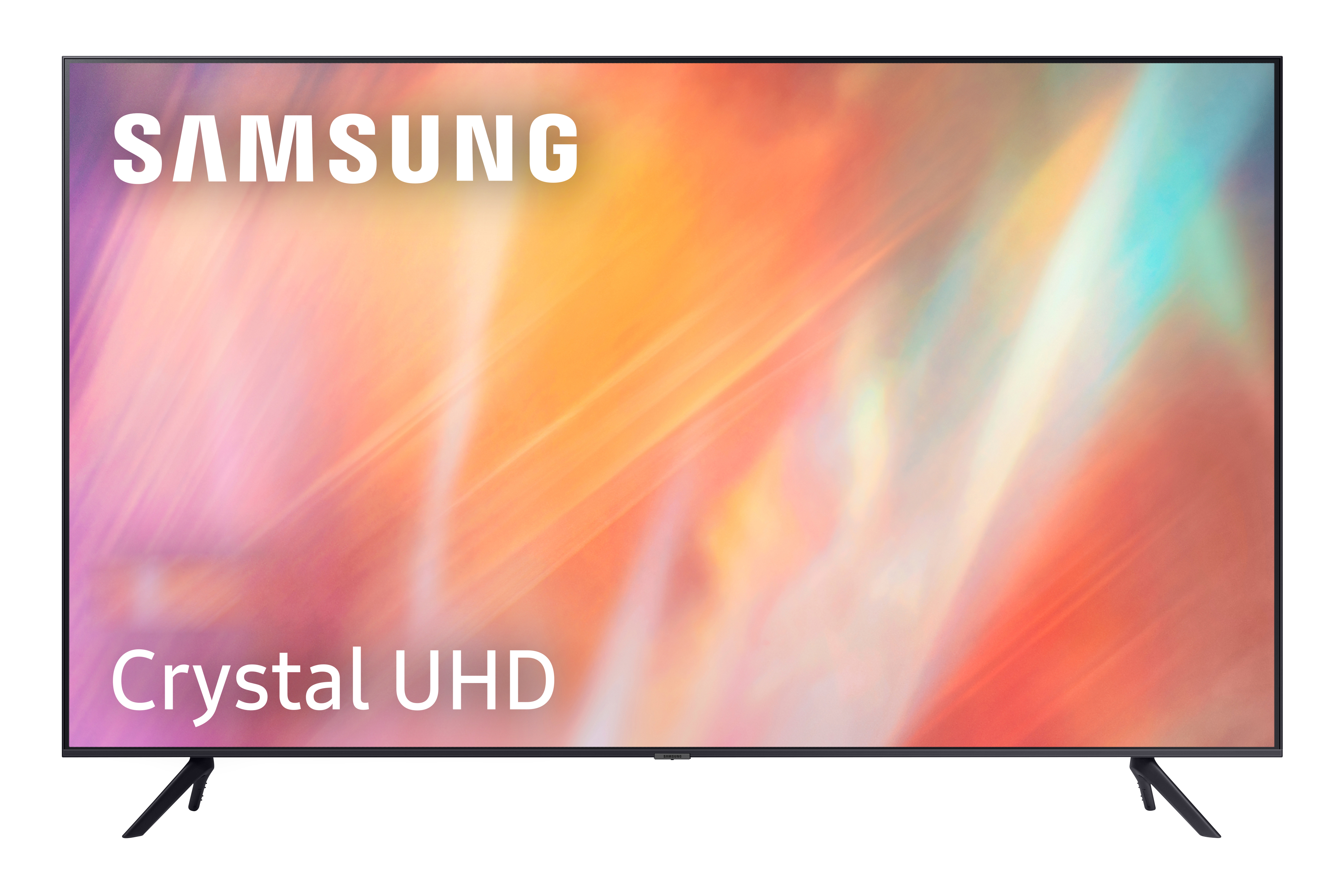 TV Samsung Crystal UHD, marco negro, pantalla brillante, soporte, fondo blanco.