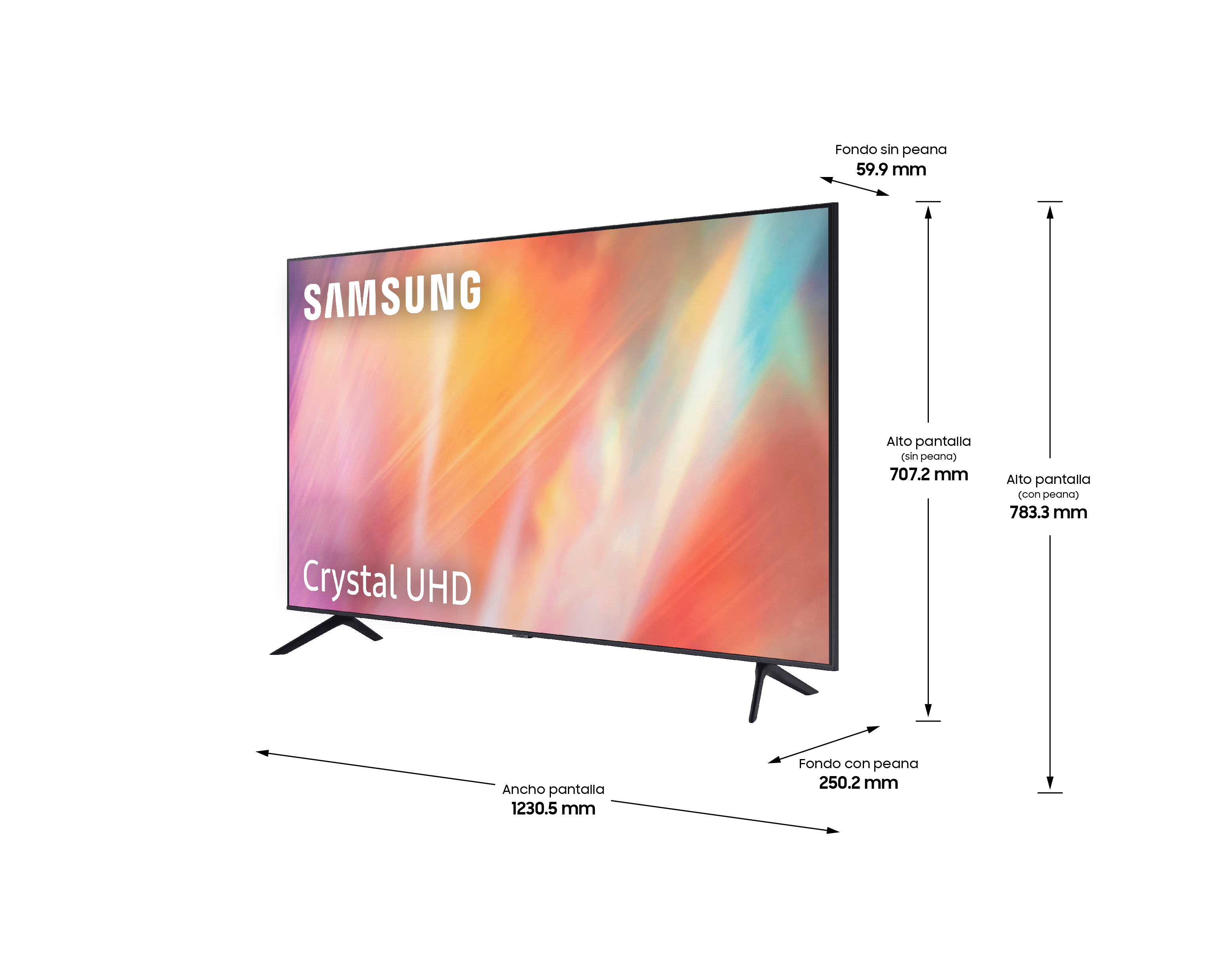 Un televisor Samsung Crystal UHD con dimensiones mostradas.