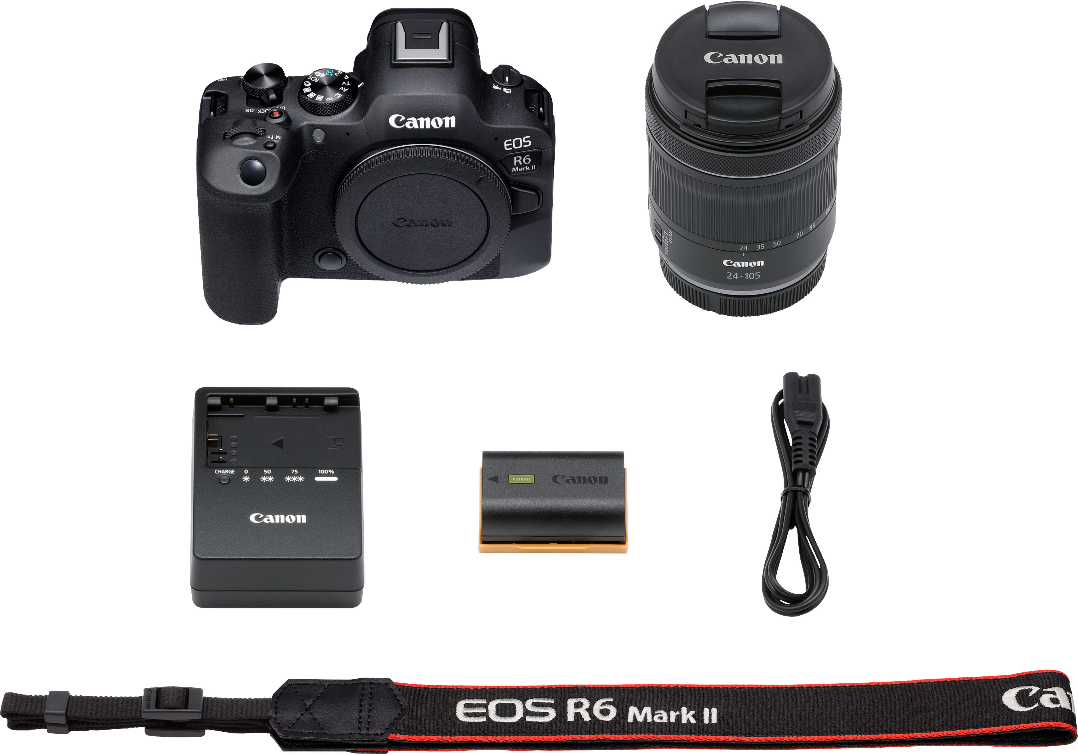 Appareil photo Canon EOS R6 Mark II et accessoires. Comprend objectif, chargeur, batterie, sangle et câble.