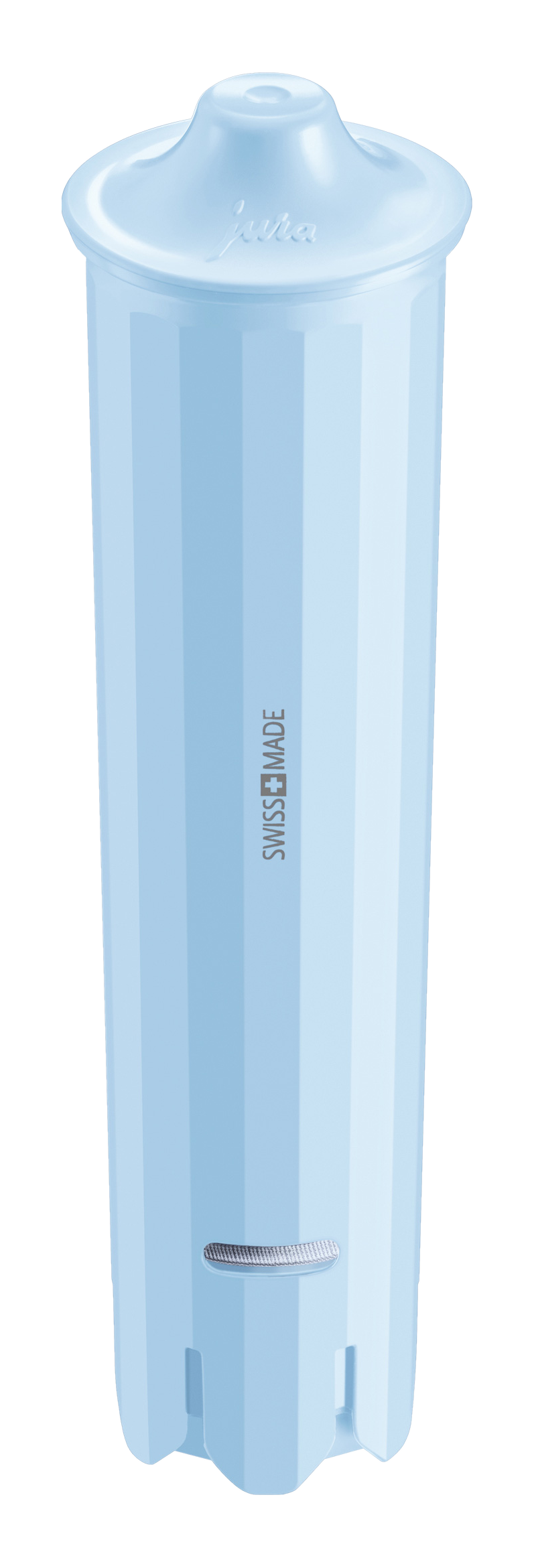 Cartuccia filtro acqua azzurra, testo Swissmade bianco, su sfondo nero.