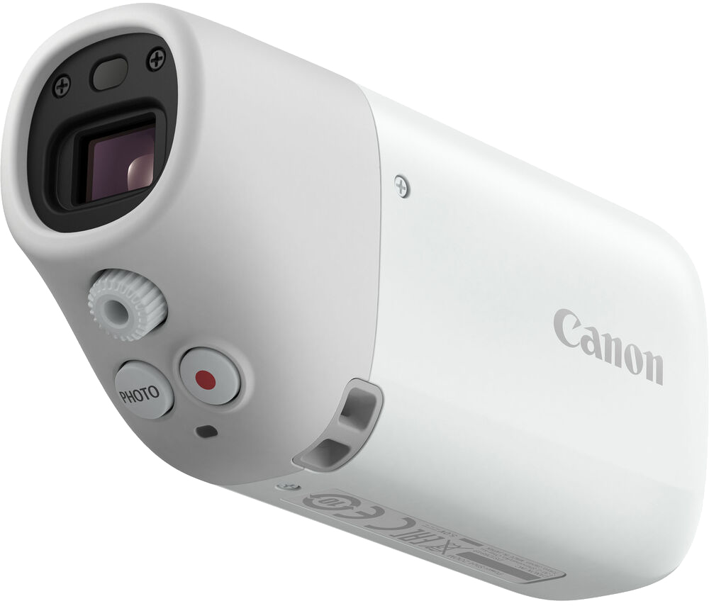Fehér Canon kamera gombokkal és objektívvel, fekete háttérben.
