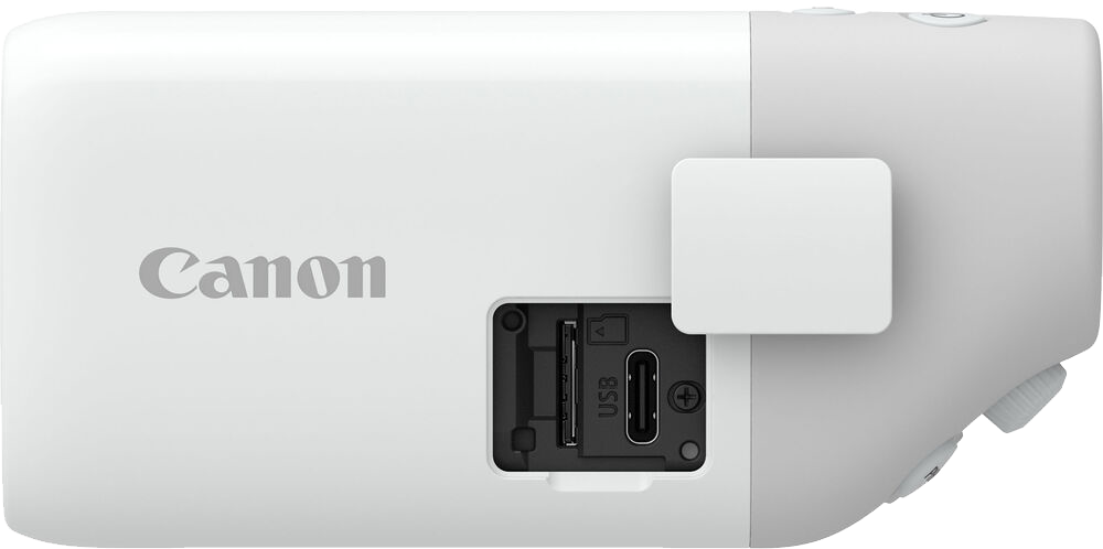 Egy fehér Canon nyomtató a Canon logóval. A hátoldalon USB, SD kártya és töltő portok láthatók.
