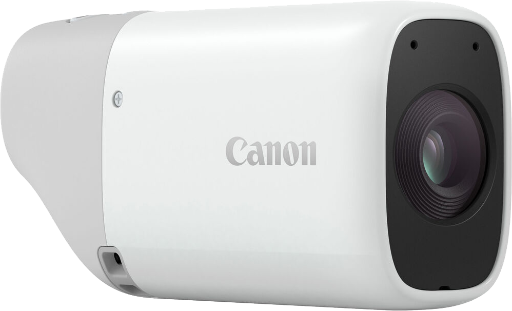 Fehér Canon kamera nagy objektívvel. A Canon logója látható az elején.