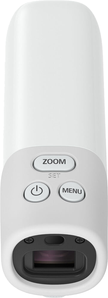 Fehér videokamera három gombbal: Zoom, Power, Menü, és egy lencse.