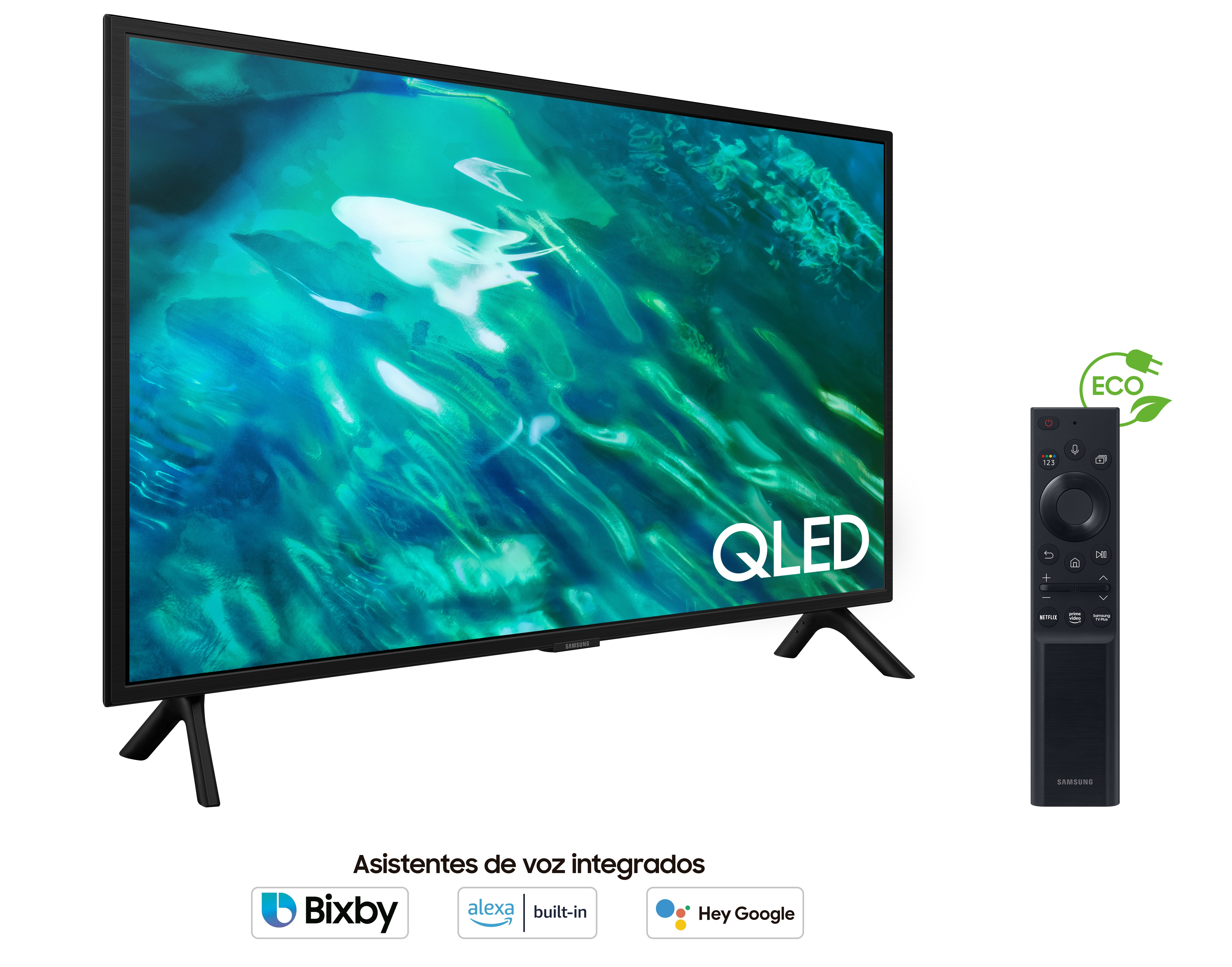Televisor negro con soporte y mando a distancia. La pantalla muestra un fondo azul y verde.