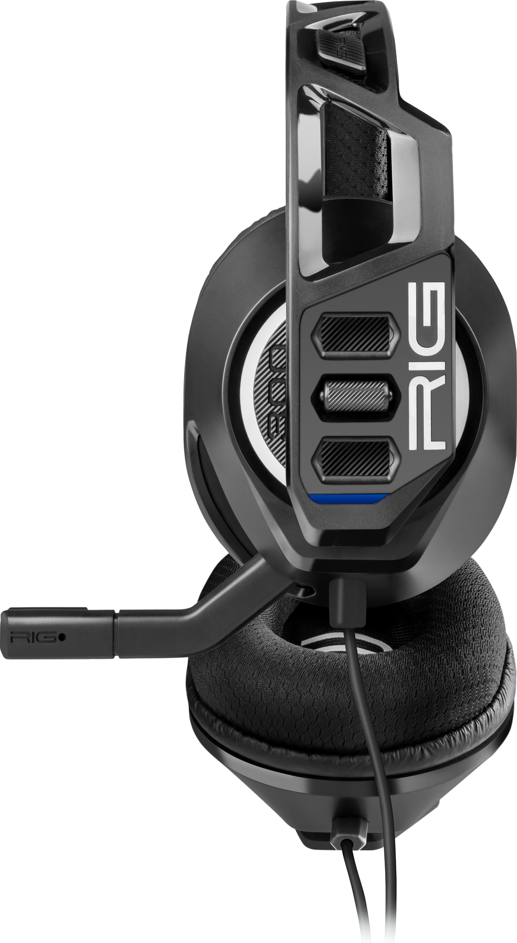 Schwarzes RIG Gaming-Headset, Seitenansicht. Mikrofon ausgezogen. Schwarz-Weiß-Design mit Blau.